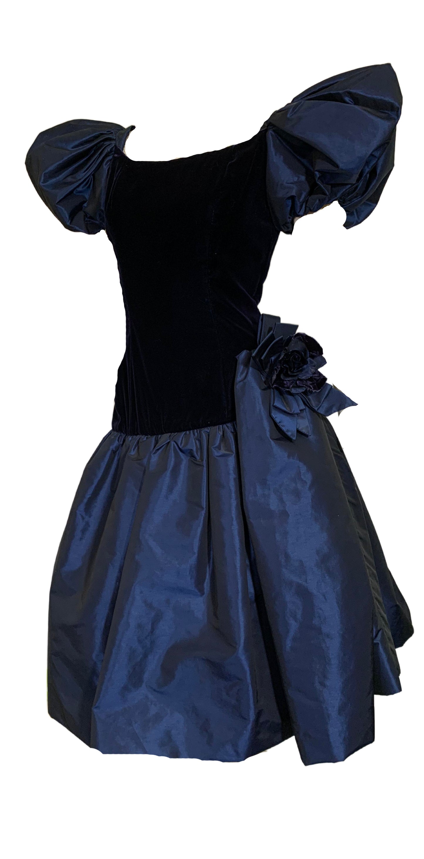 Deep Blue Changeable Taffeta and Velvet Puff Sleeve Dress circa 1980s