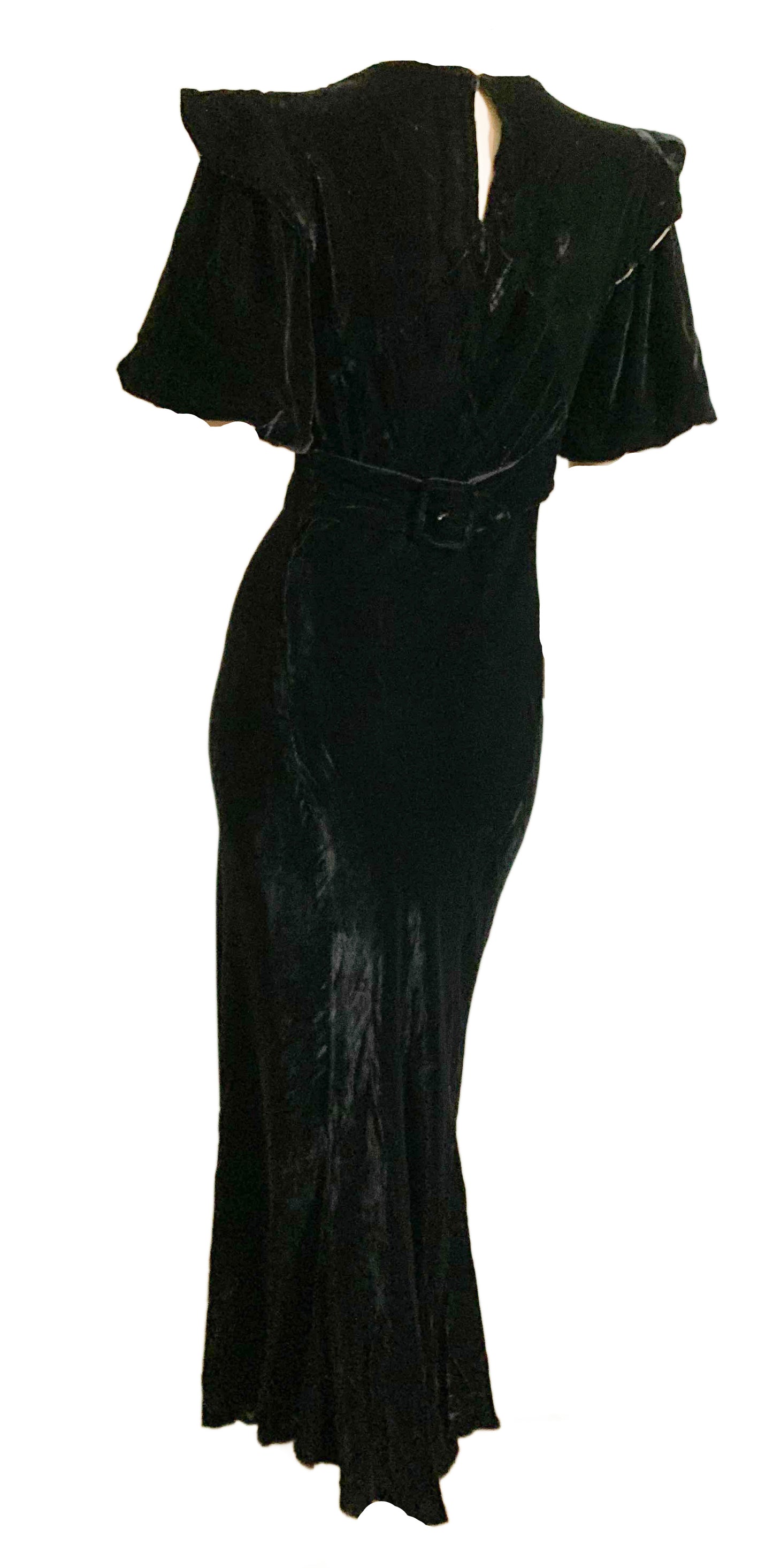 Ebony Silk Velvet Bias Cut Dress with Puff Sleeve and Art Deco Satin Back Shoulder Accents circa 1930s