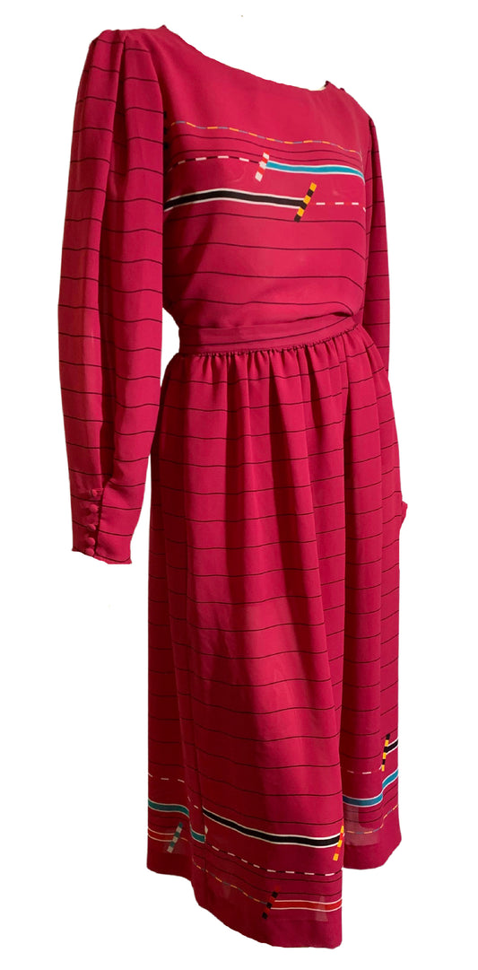 New Wave Art Print Red-Pink 2 Pc Dress Set circa 1980s
