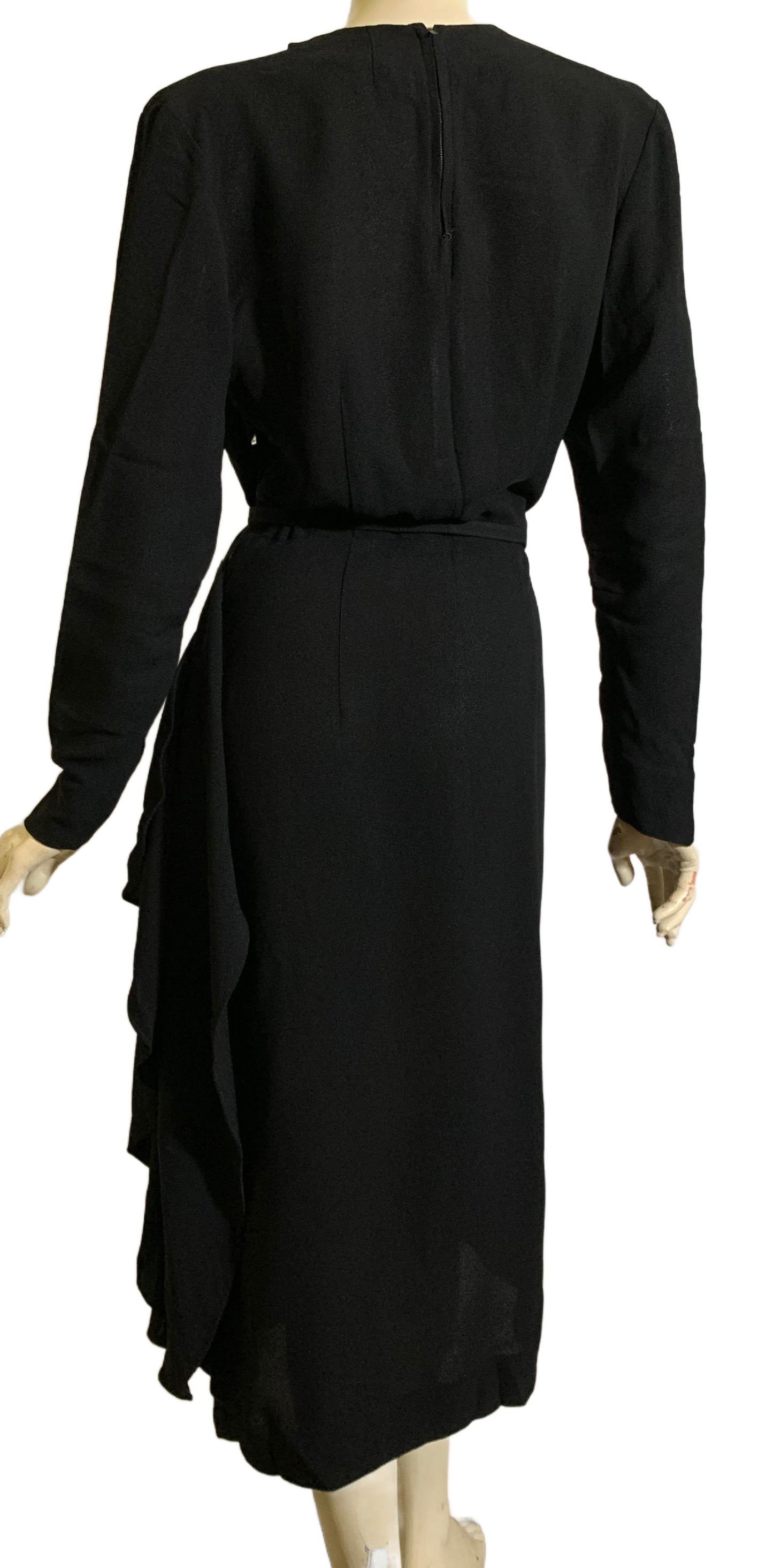 Long Sleeved Black Crepe Rayon Dress with Draped Hip and Seamed Shaping circa 1940s