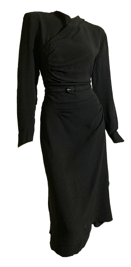Long Sleeved Black Crepe Rayon Dress with Draped Hip and Seamed Shaping circa 1940s