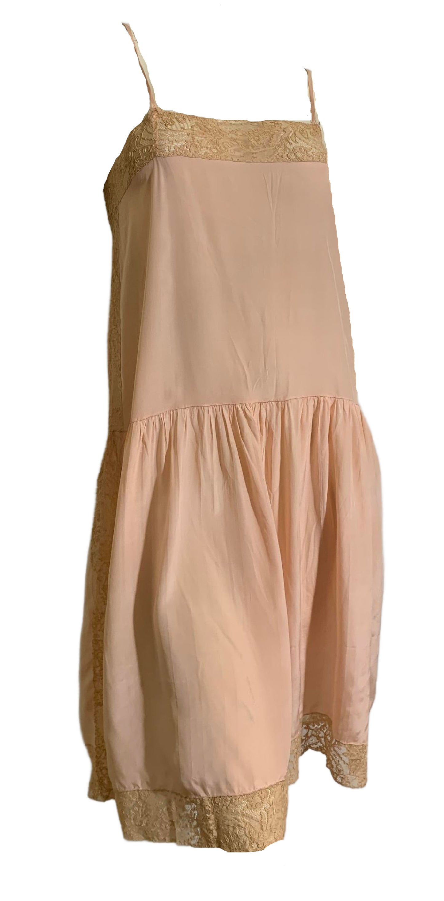 High Slit Lace Trimmed Peach Silk Full Slip circa 1920s