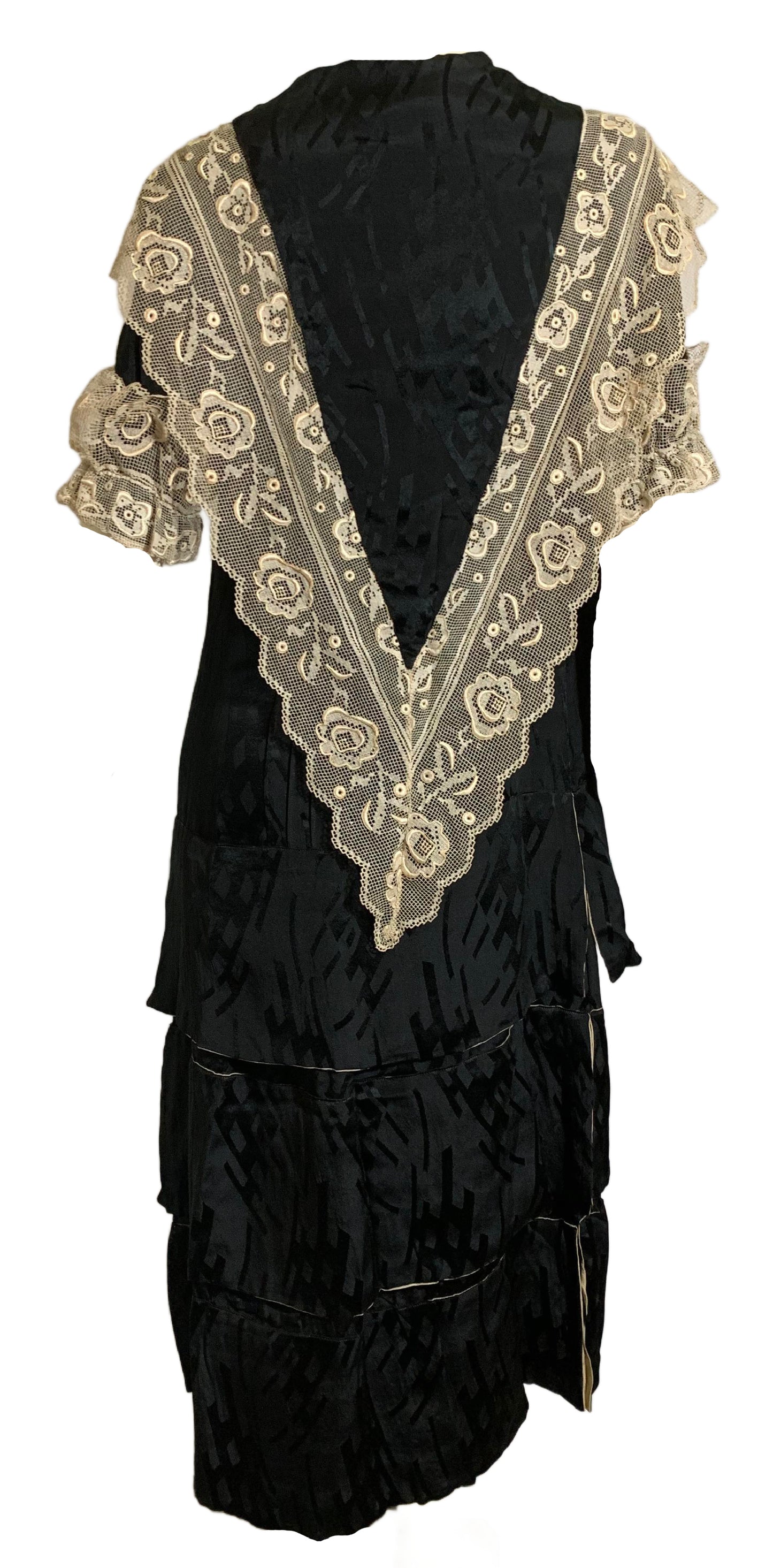 Black Silk Dropped Waist Dress with Wide Lace Trim circa 1920s