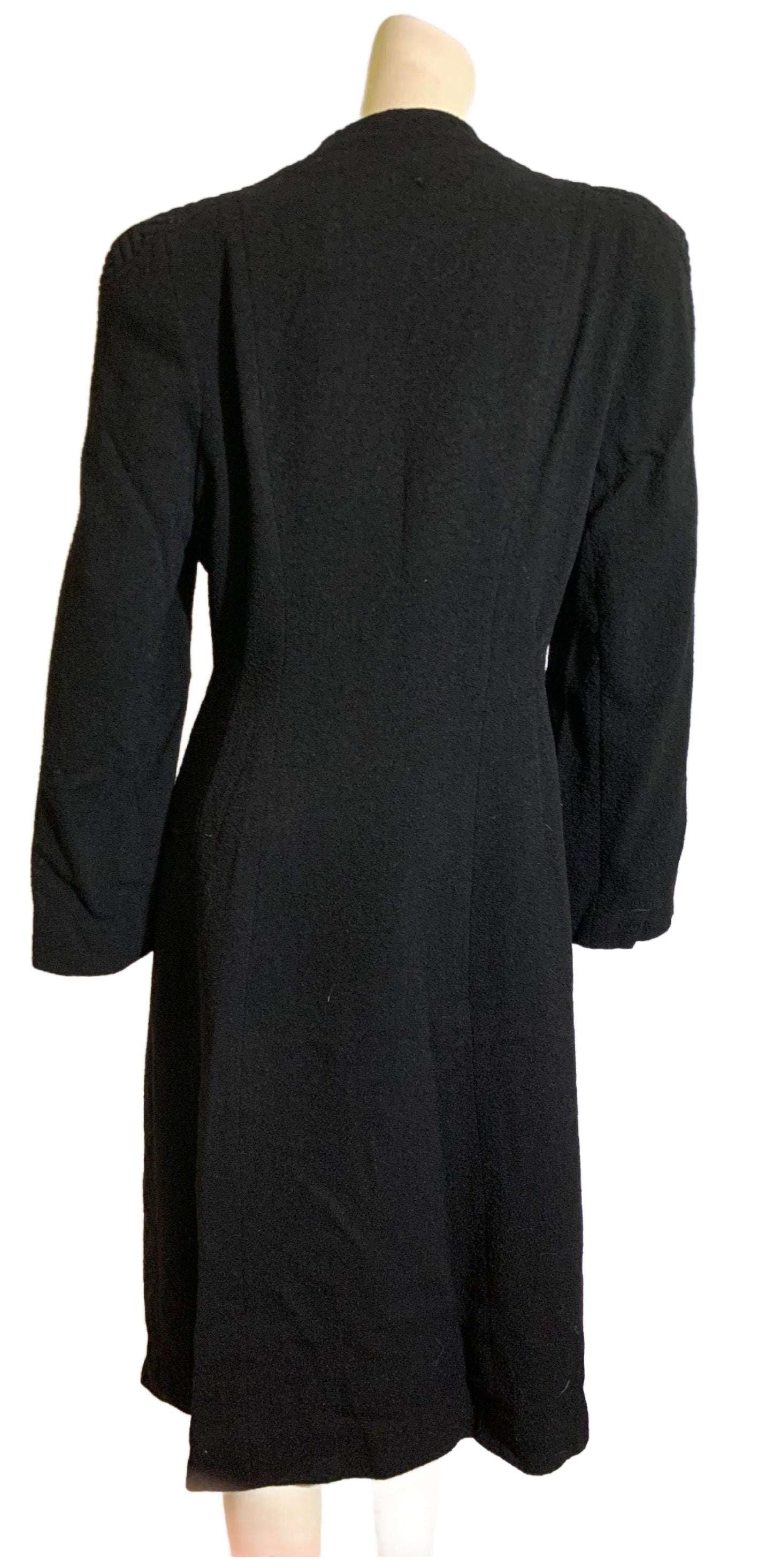 Nipped Waist Black Textured Wool Coat with Trapunto Stitched Shoulders circa 1940s