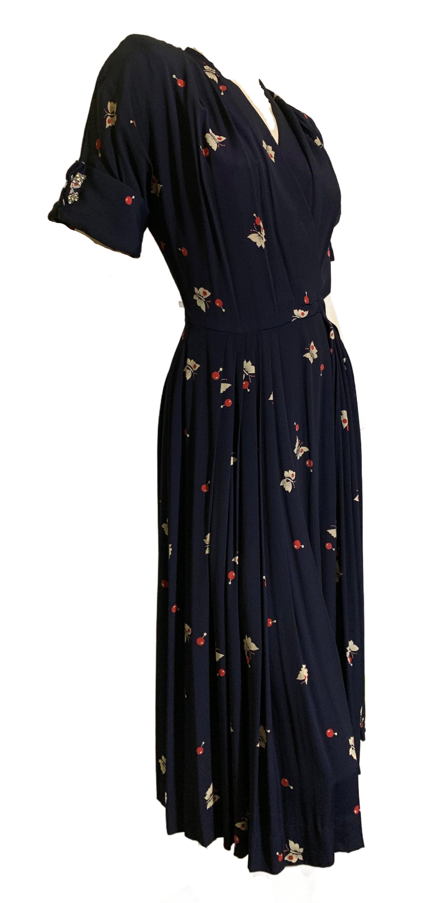 Currants and Butterflies! Deep Blue Rayon Surplice Bodice Dress circa 1940s