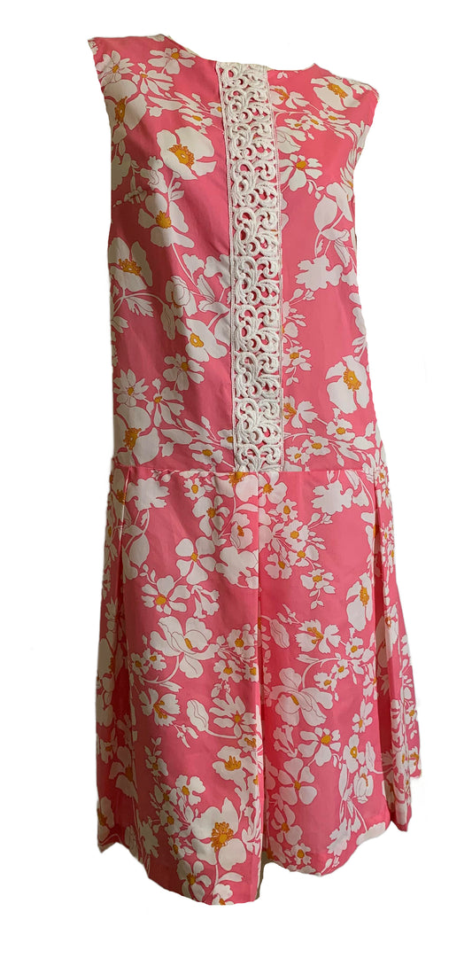 Pink and White Tropical Floral Print Scooted Shift Dress circa 1960s