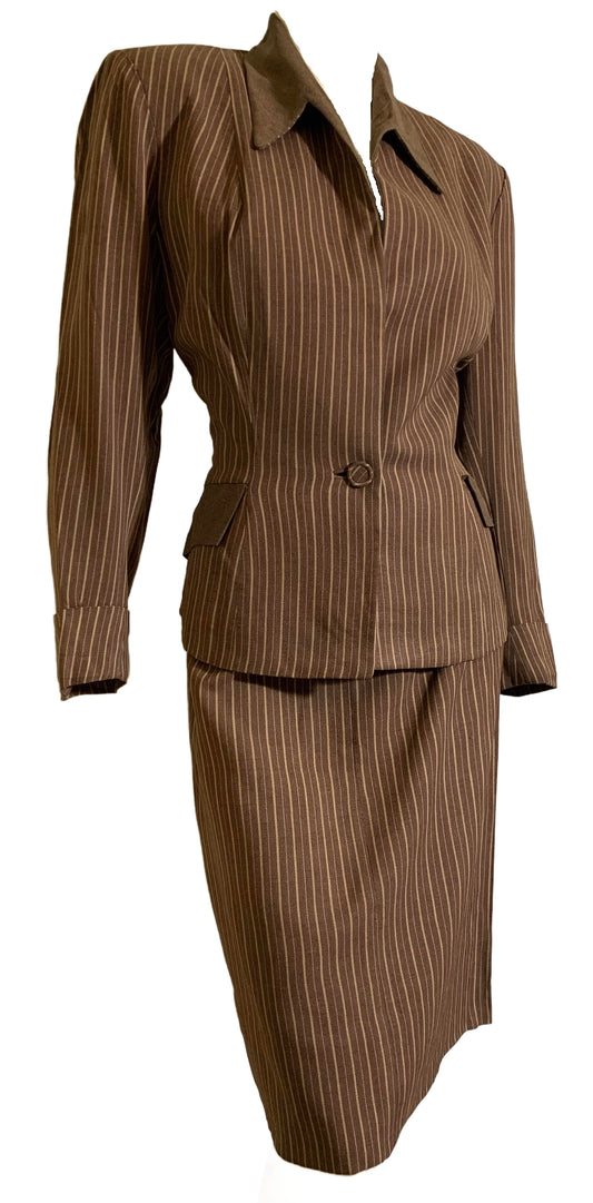Coffee and Fawn Pin Striped Nipped Waist Gabardine Suit circa 1940s