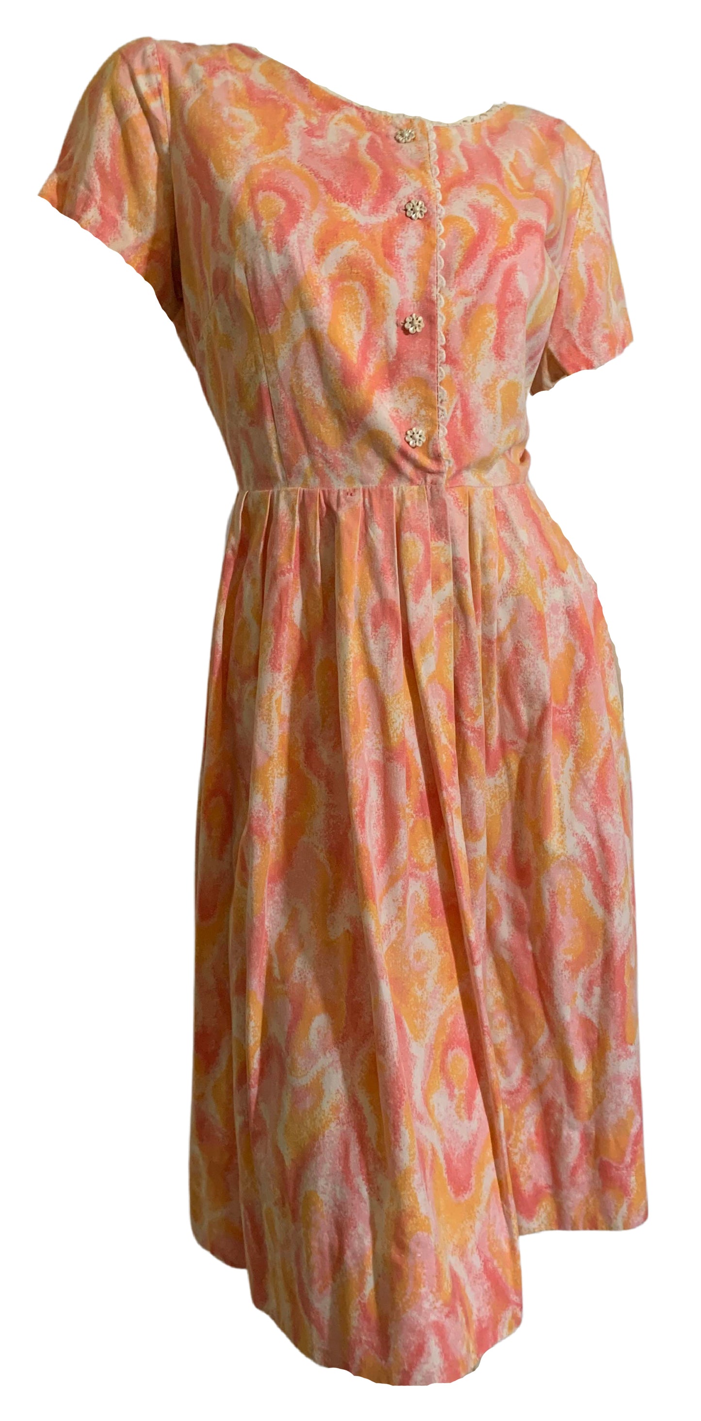 Pretty Peach Abstract Floral Print Cotton Dress circa 1960s