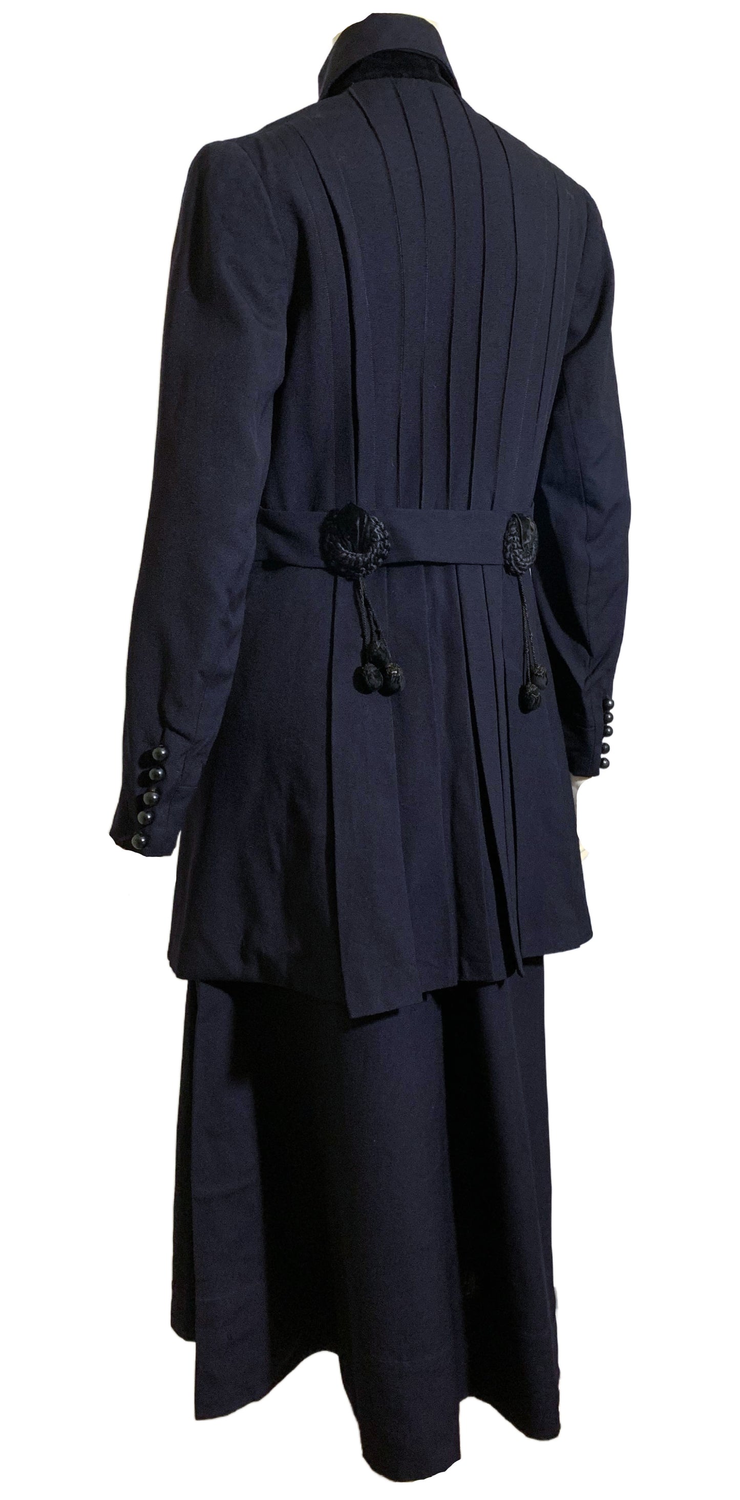 Votes for Women! Deep Blue Wool 2 Pc Walking Suit Dress with Velvet and Silk Accents circa 1910s