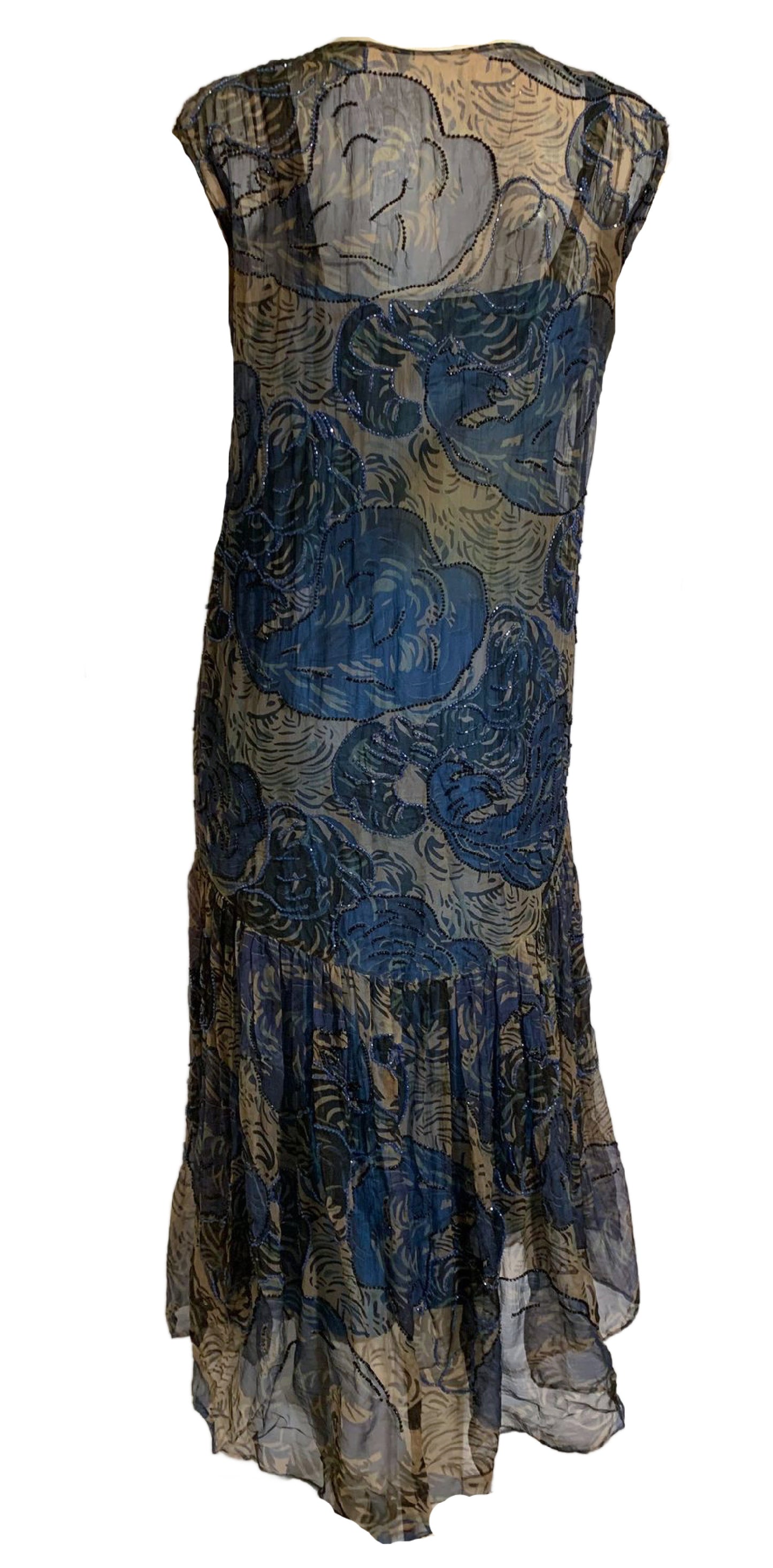 Vivid Blue Feather Plume Print Beaded Silk Chiffon Dropped Waist Dress circa 1920s