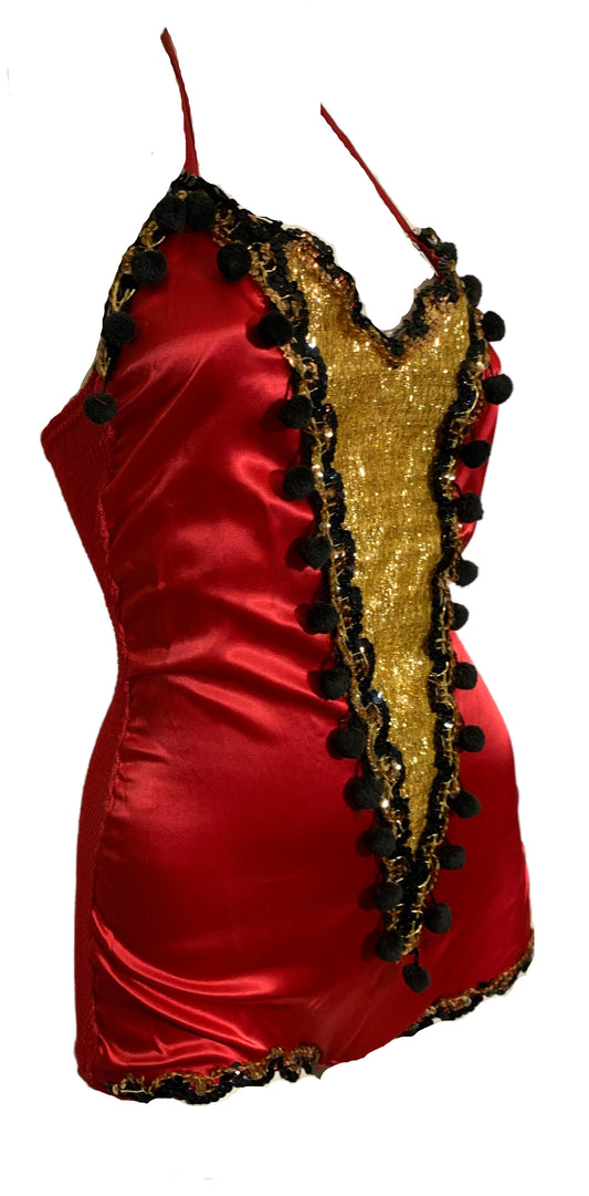 Military Inspired Red Satin Stage Wear Leotard with Gold Tinsel Lamé circa 1960s