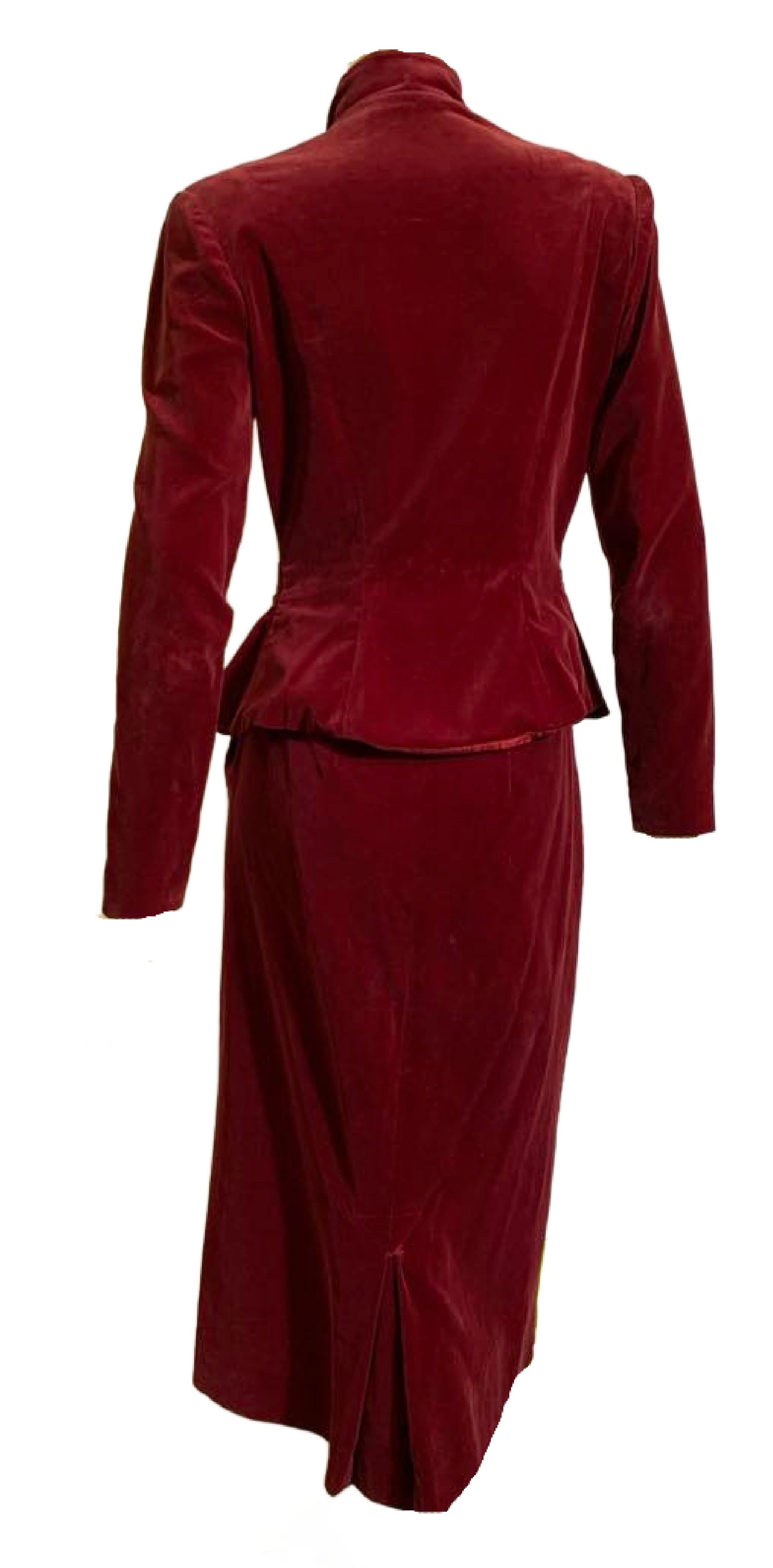 Plum Red Velvet Nipped Waist Suit with Trapunto Detailed Shoulders circa 1940s