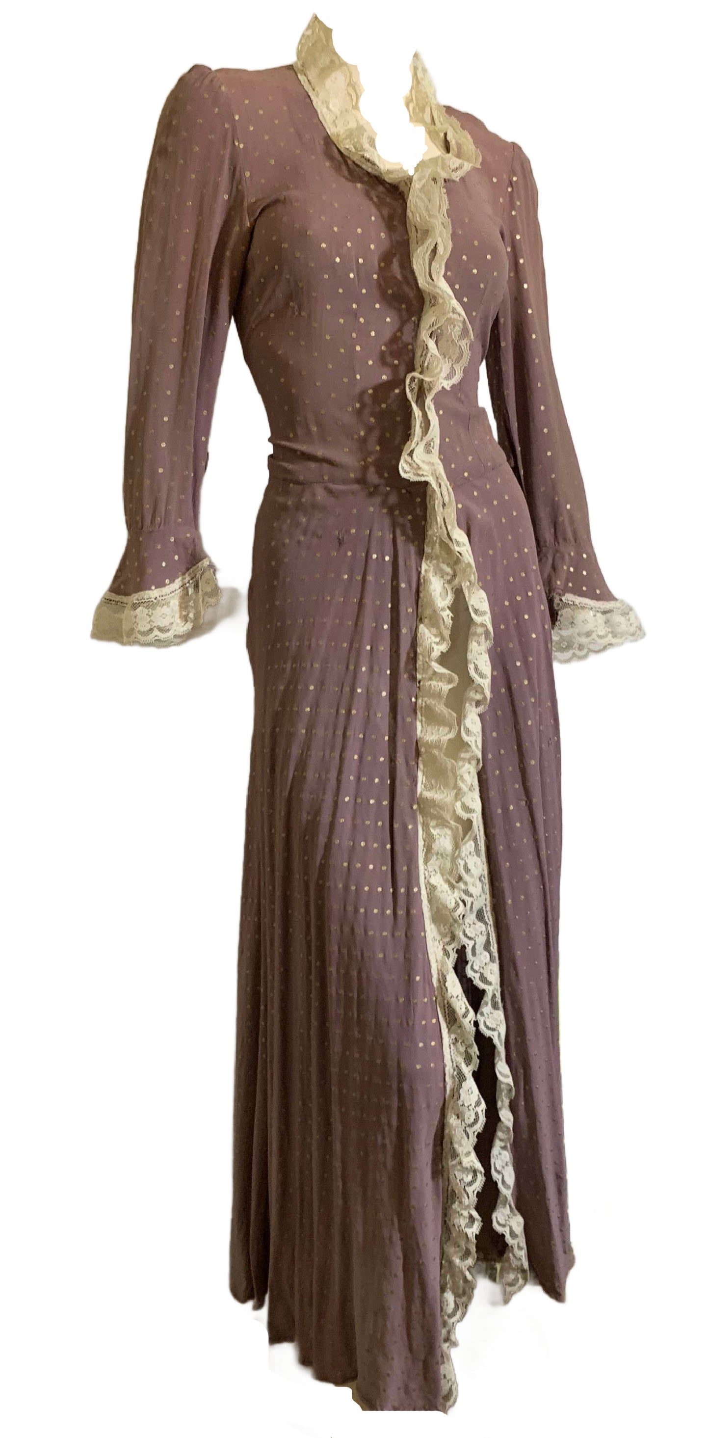 Antiqued Violet Rayon Robe with Metallic Gold Polka Dots and Lace circa 1940s