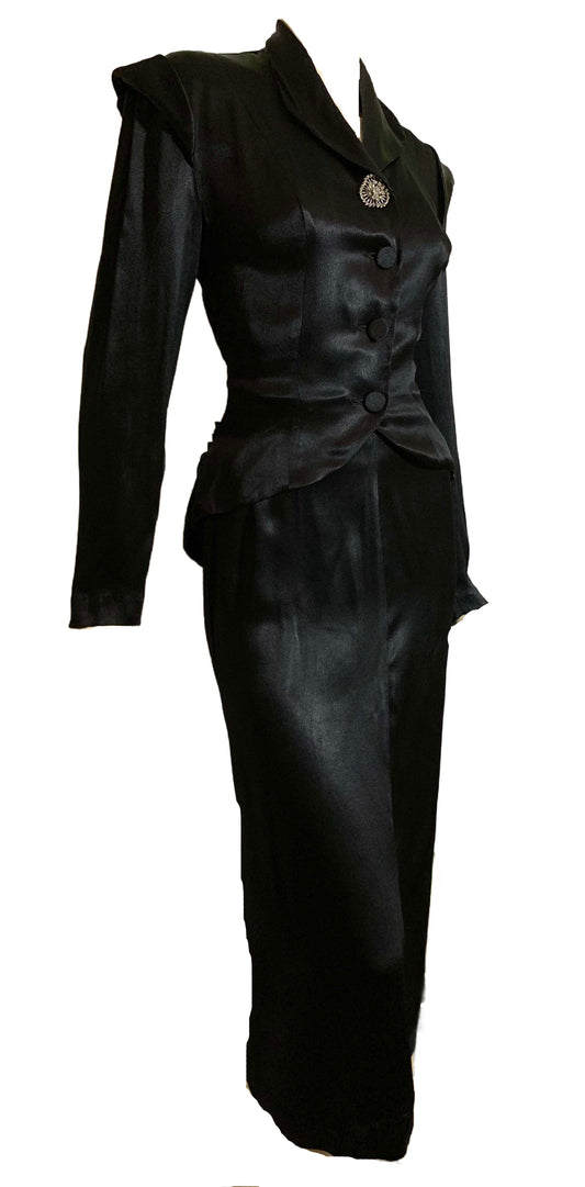 Sleek Black Silk Charmeuse 2 Pc Cocktail Suit with Bustled Drape Back circa 1940s