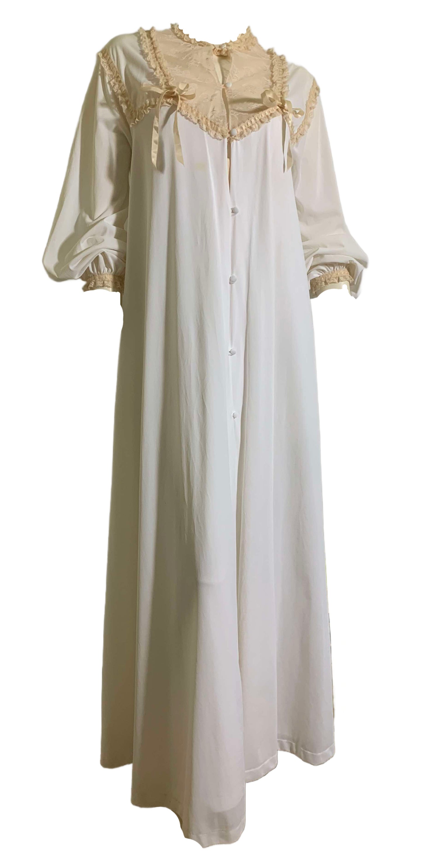 Romantic Porcelain White Nylon Nightgown & Robe Peignoir Set with Ribbons and Lace circa 1970s