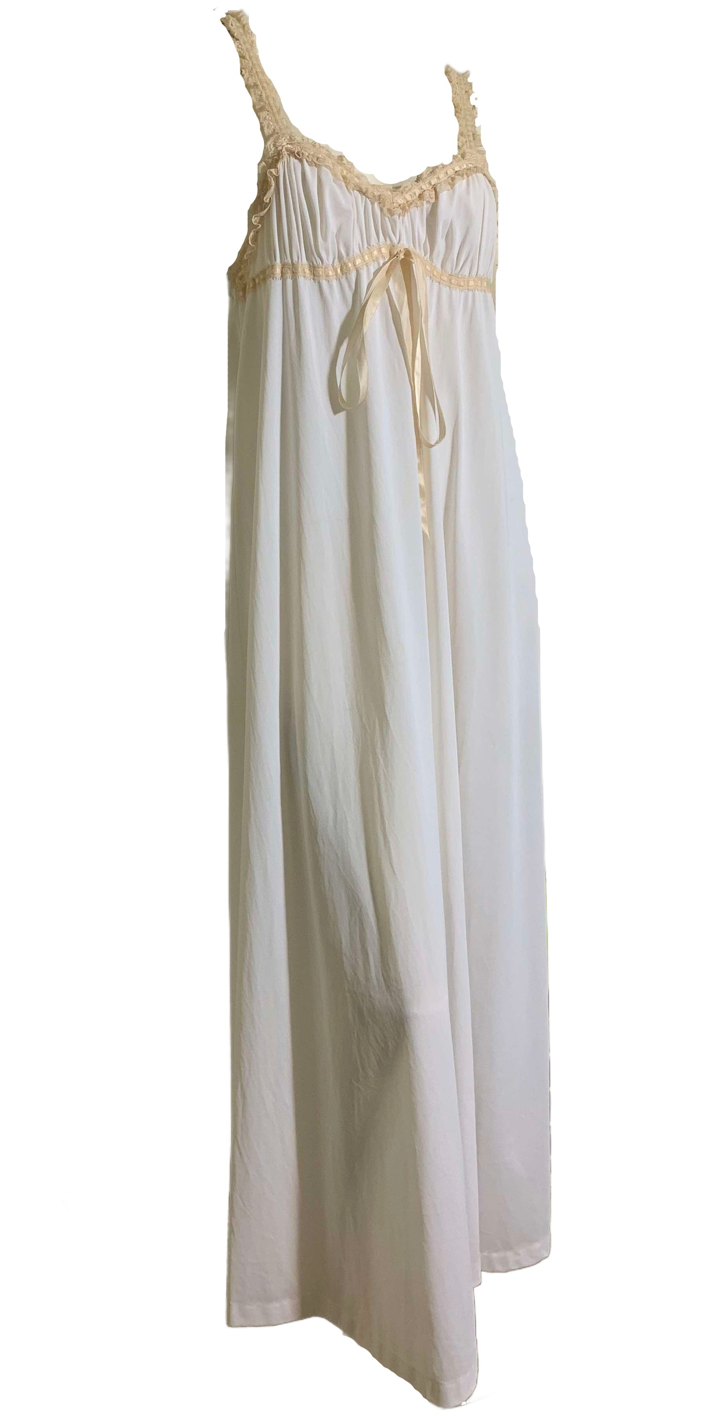 Romantic Porcelain White Nylon Nightgown & Robe Peignoir Set with Ribbons and Lace circa 1970s