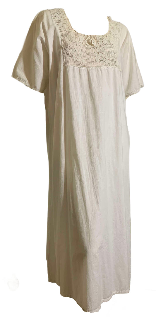 Dreamy White Cotton Nightgown with Crocheted Neckline and Cinch Tie circa 1910s