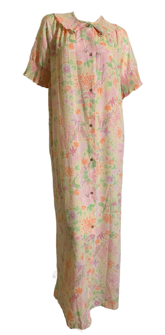 Pretty Pastel Floral Print Robe with Pleated Collar and Cuffs circa 1960s