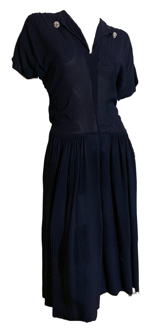 Deep Blue Semi-Sheer Crepe Rayon Dress with Pleated Tiered Skirt circa 1940s