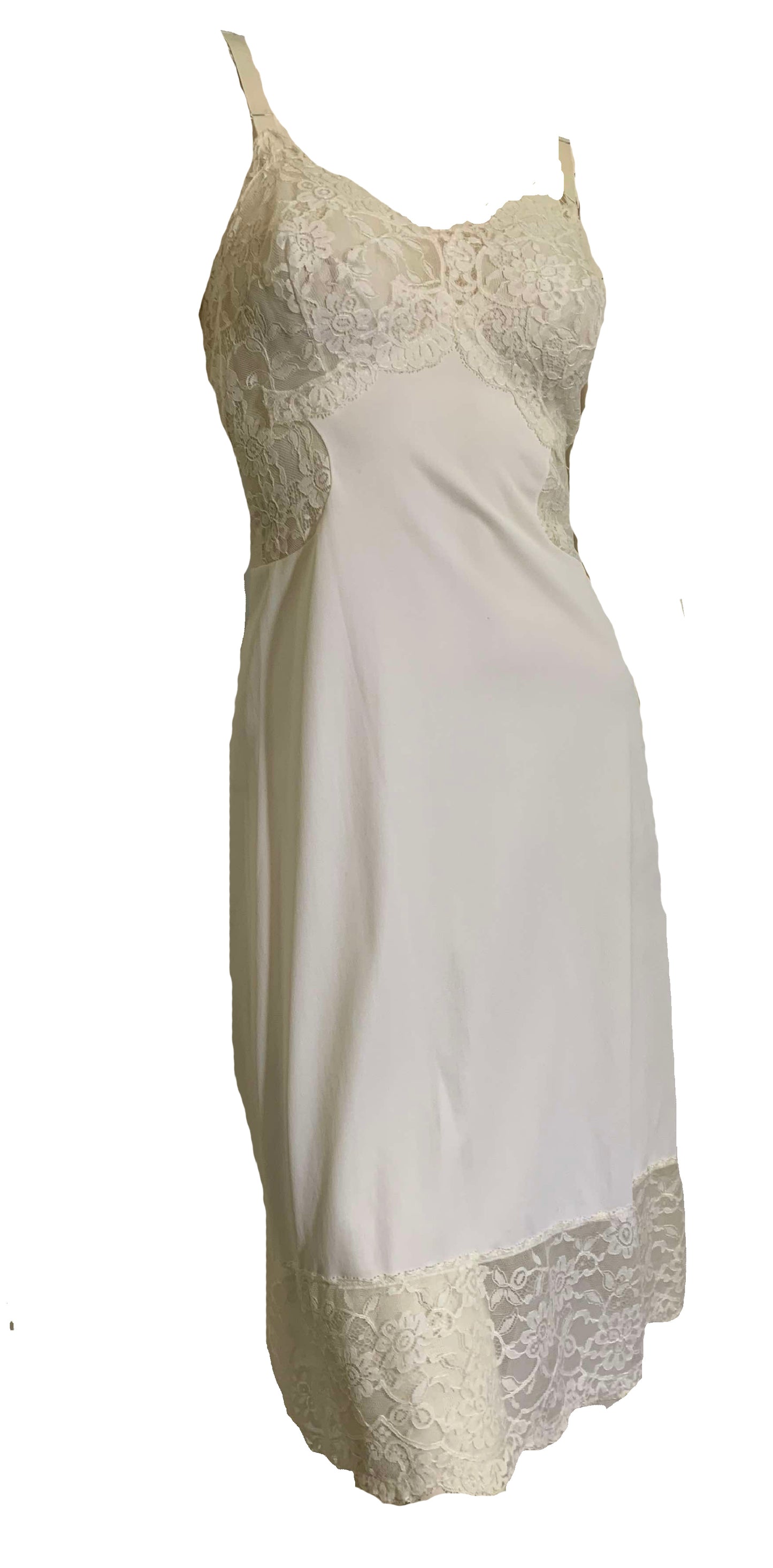 White Nylon Full Slip WIth Lace Cups and Sides circa 1960s 34