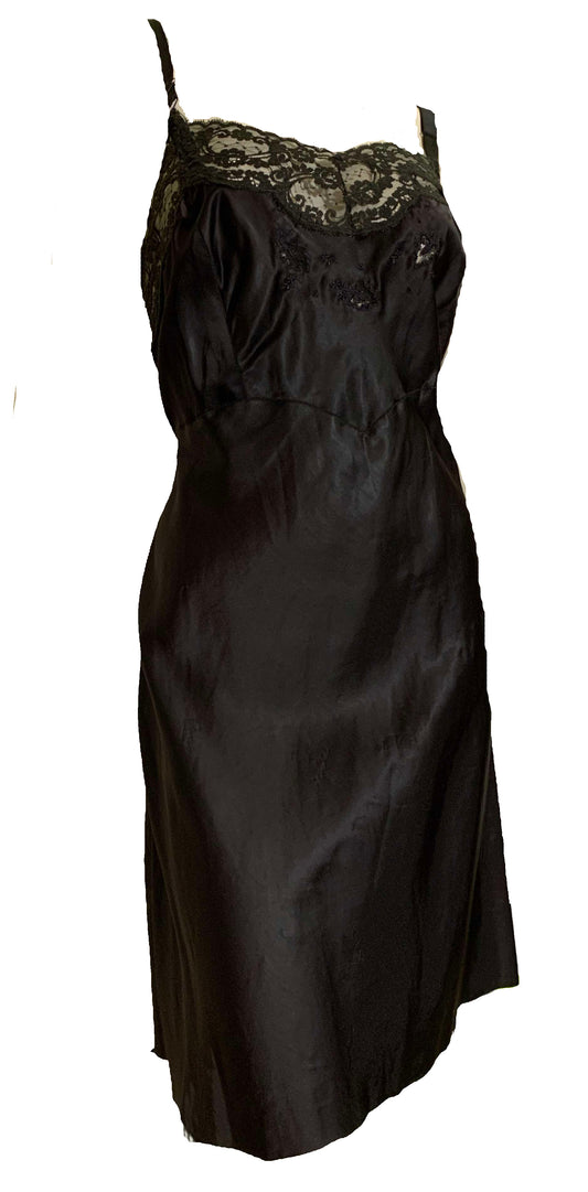 Black Satin Embroidered Full Slip circa 1940s 40