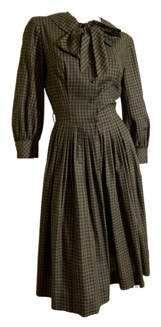 Blue and Tan Gingham Dress with Bow Collar and Full Skirt circa 1960s