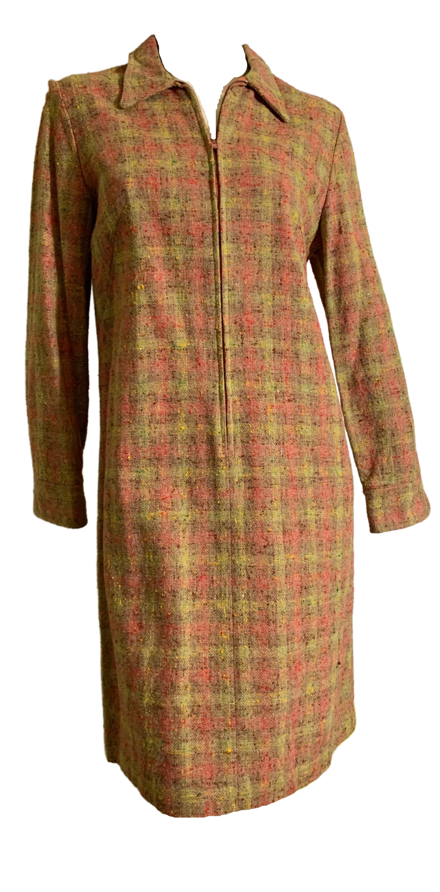 Pumpkin Spice Confetti Flecked Plaid Wool Zip Front Shift Dress circa 1960s