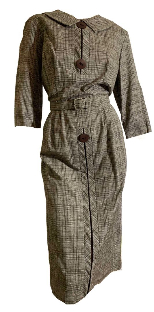 Black and Grey Plaid Day Dress with Button Trim circa 1960s