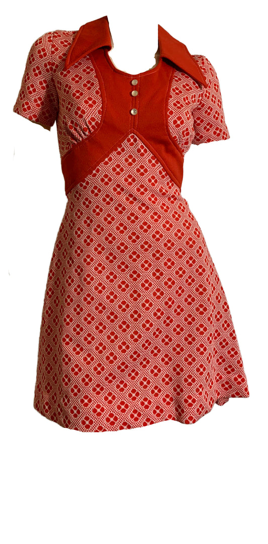 Sassy Rust and White Polyester Mini Dress circa 1970s