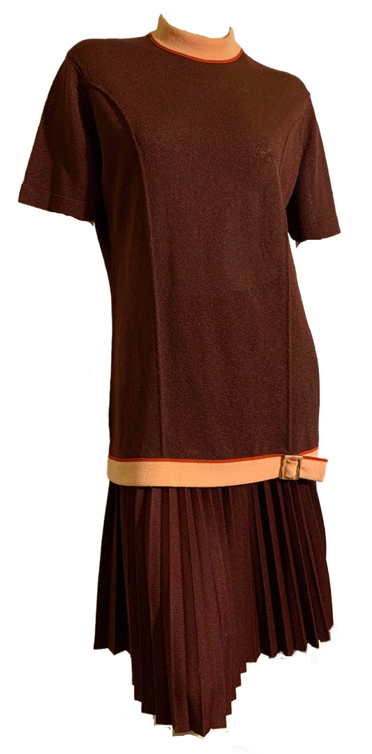 Cinnamon Knit Rayon 2 Pc Dress with Pleated Skirt circa 1960s