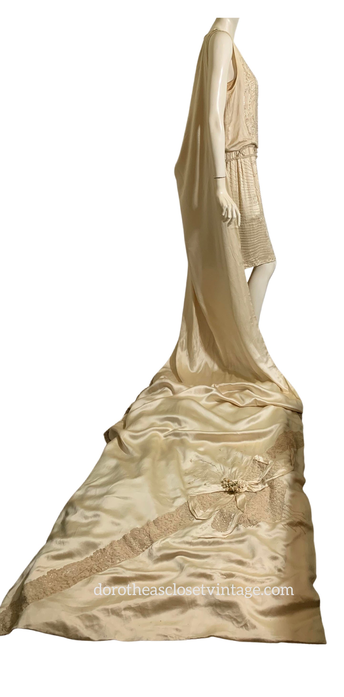 Glamorous Beaded Candlelight Silk Wedding Dress with Court Train, Headpieces, Fan, Shoes and Bible circa 1920s