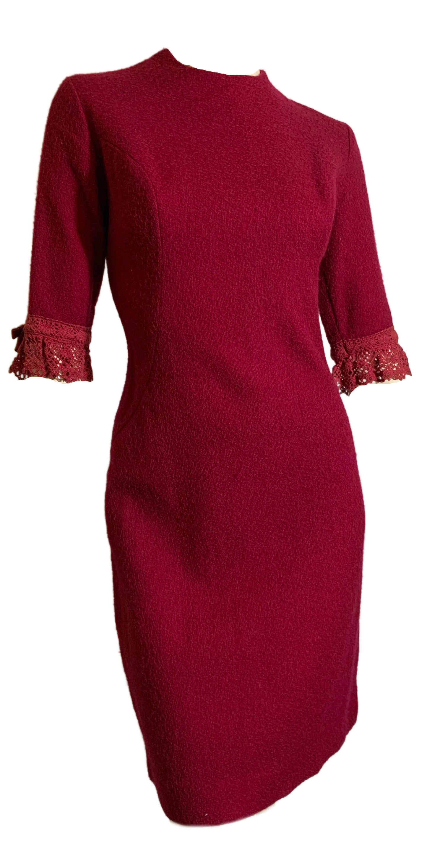 Raspberry Textured Wool Sheath Dress with Lace Cuffs circa 1960s