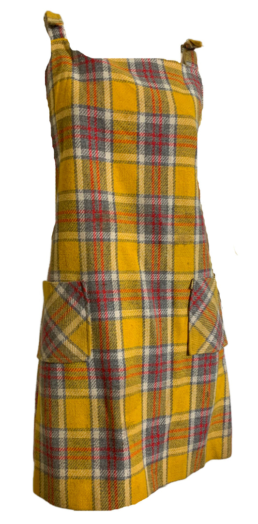 Goldenrod and Grey Plaid Wool Jumper Mini Dress circa 1970s