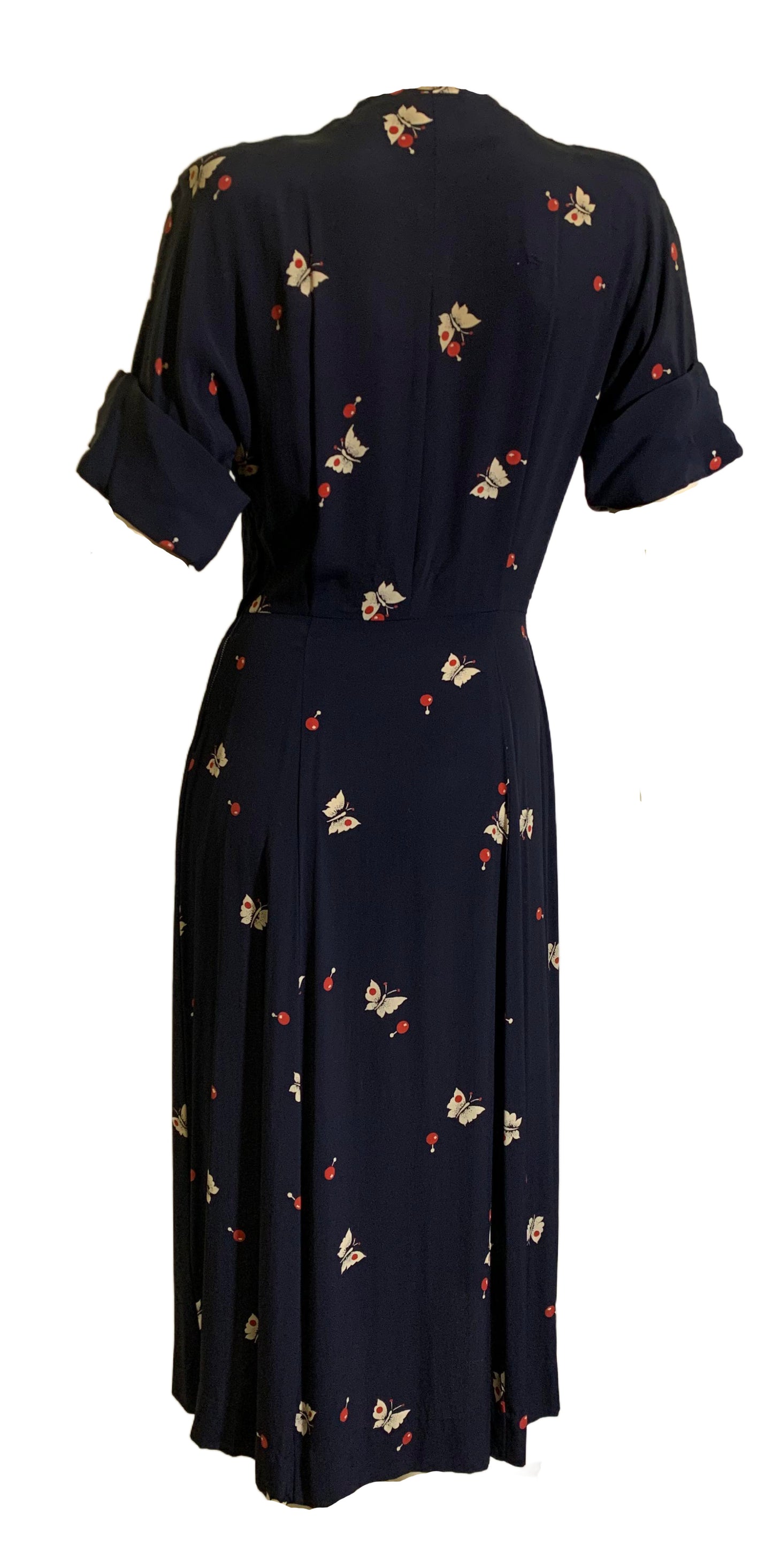 Currants and Butterflies! Deep Blue Rayon Surplice Bodice Dress circa 1940s