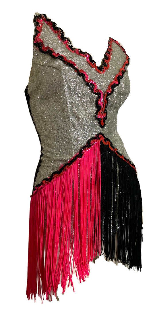 Two Tone Shocking Pink and Black Fringed Burlesque Leotard with Silver Tinsel Lamé circa 1960s