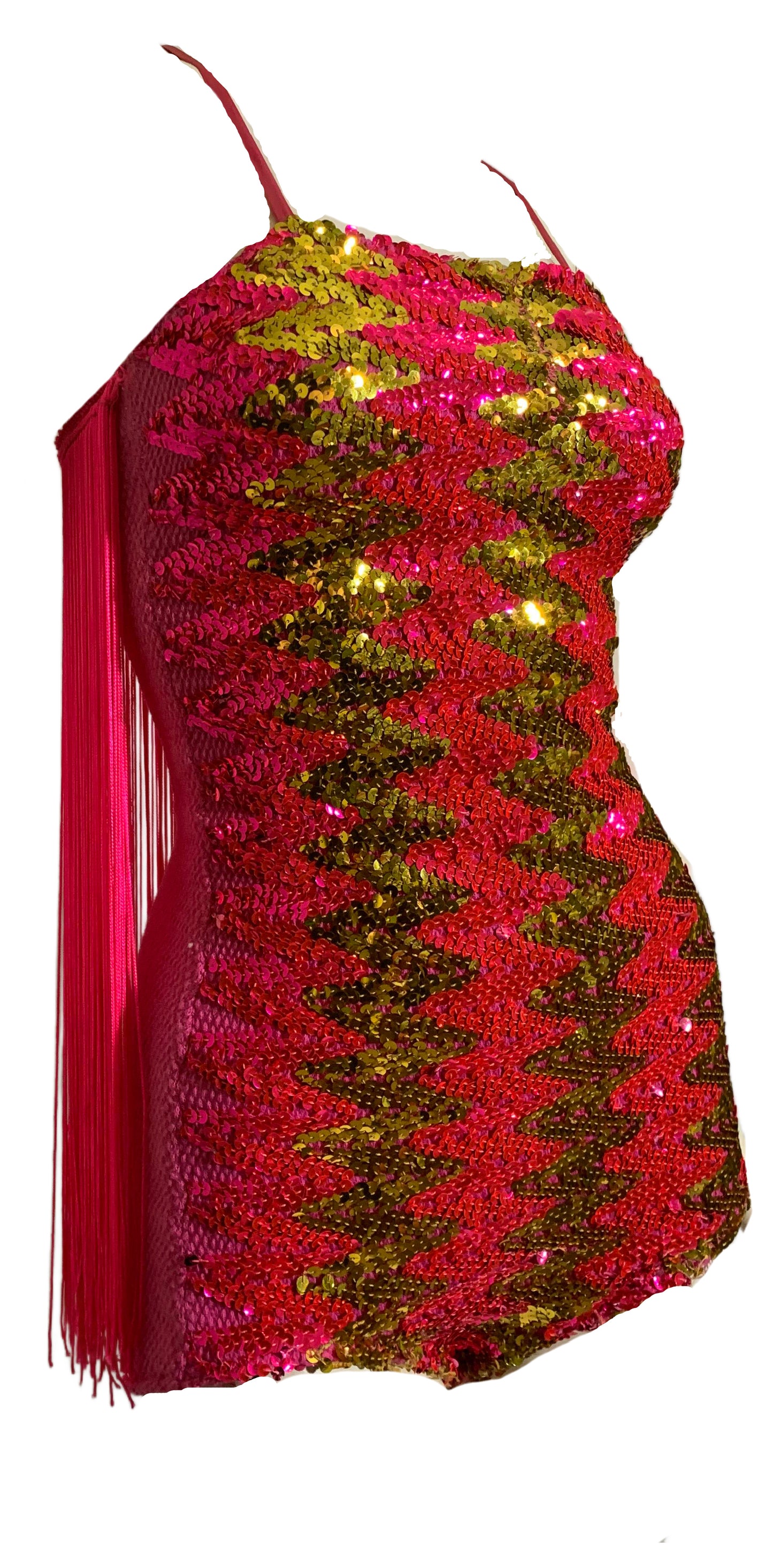 Electric Pink and Gold Sequined Show Costume with Pink Fringed Back circa 1960s