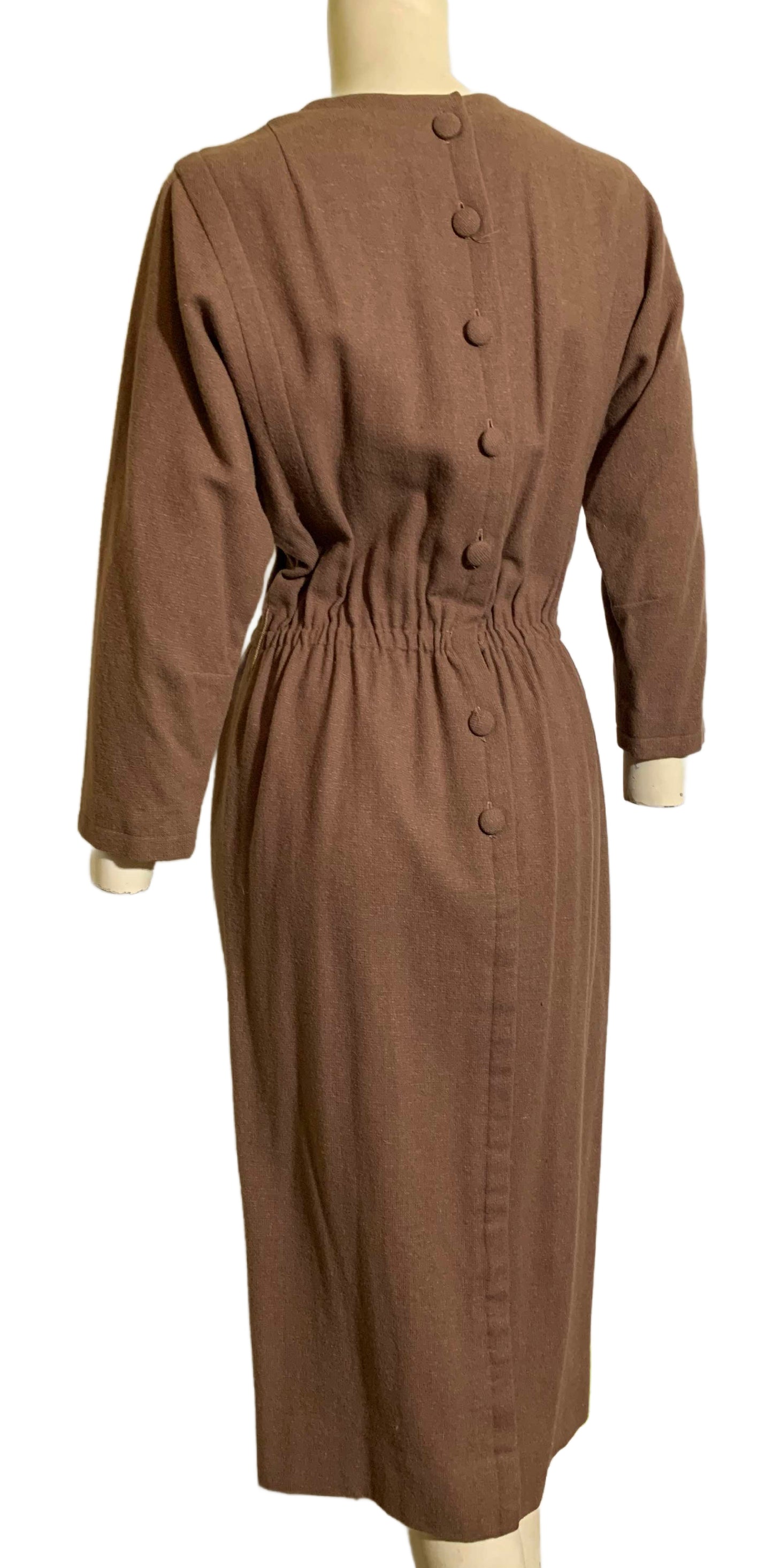 Clay Brown Wool Sheath Dress with Covered Buttons Down Back circa 1960s