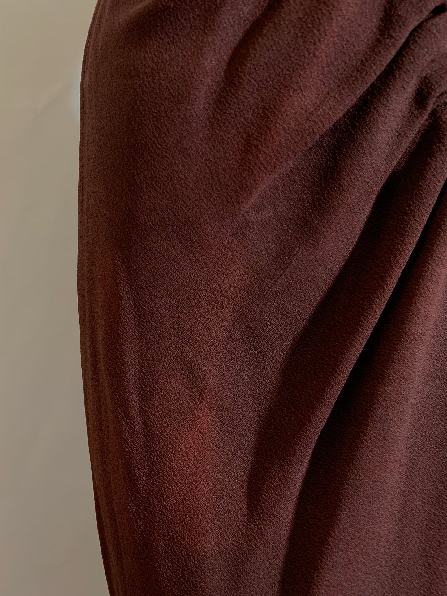 Hot Cocoa Colored Crepe Rayon Ruched Front Evening Dress with Beads and Sequins circa 1940s