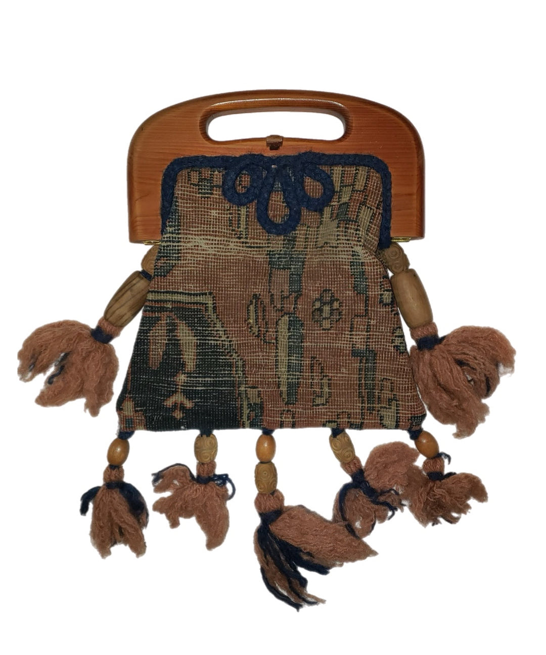 Arts & Crafts Style Fabric Handbag with Wooden Handle & Tassels circa 1910s