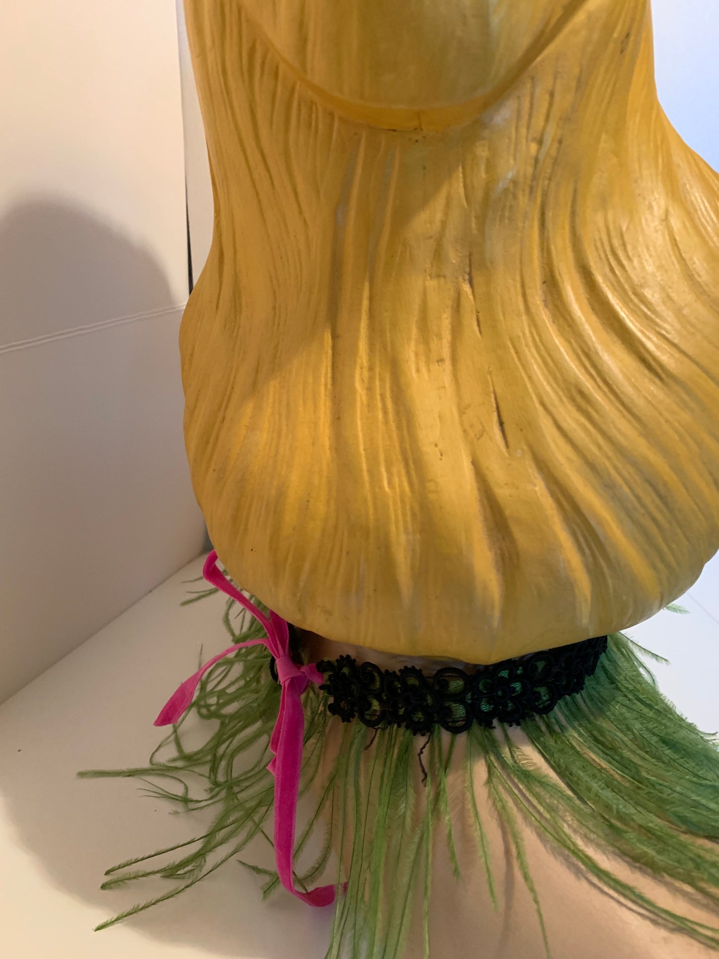 Madonna- the Reimagined Black Victorian Lace Choker Necklace Chartreuse Feathers and Madonna Pendant