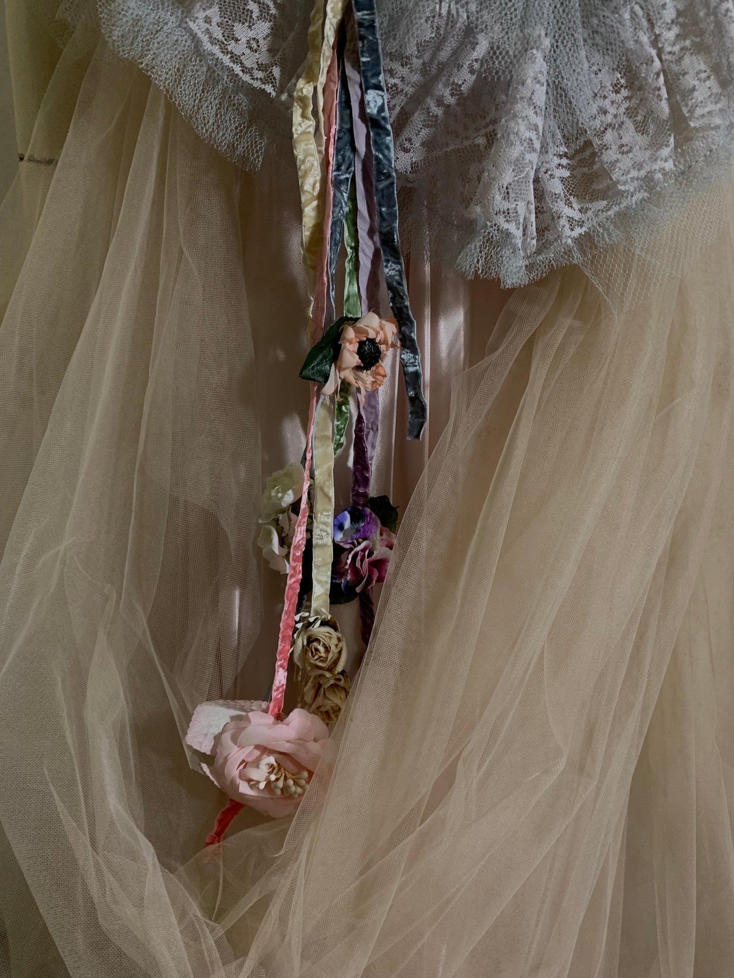 Nimue- the Reimagined Baby Blue and Pink Tulle Dress Flowers on Ribbons