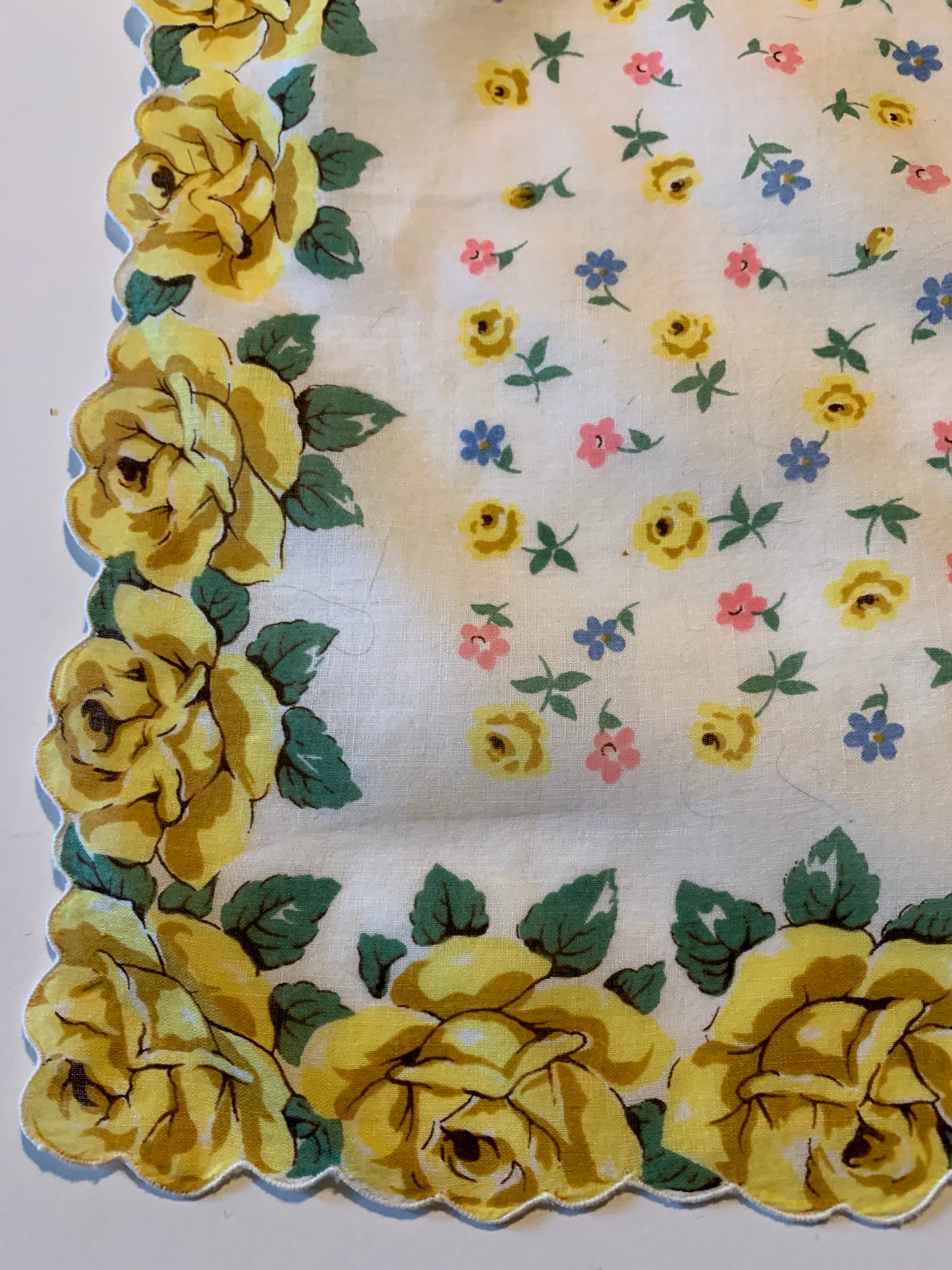 Yellow Rose Print Cotton Handkerchief circa 1950s