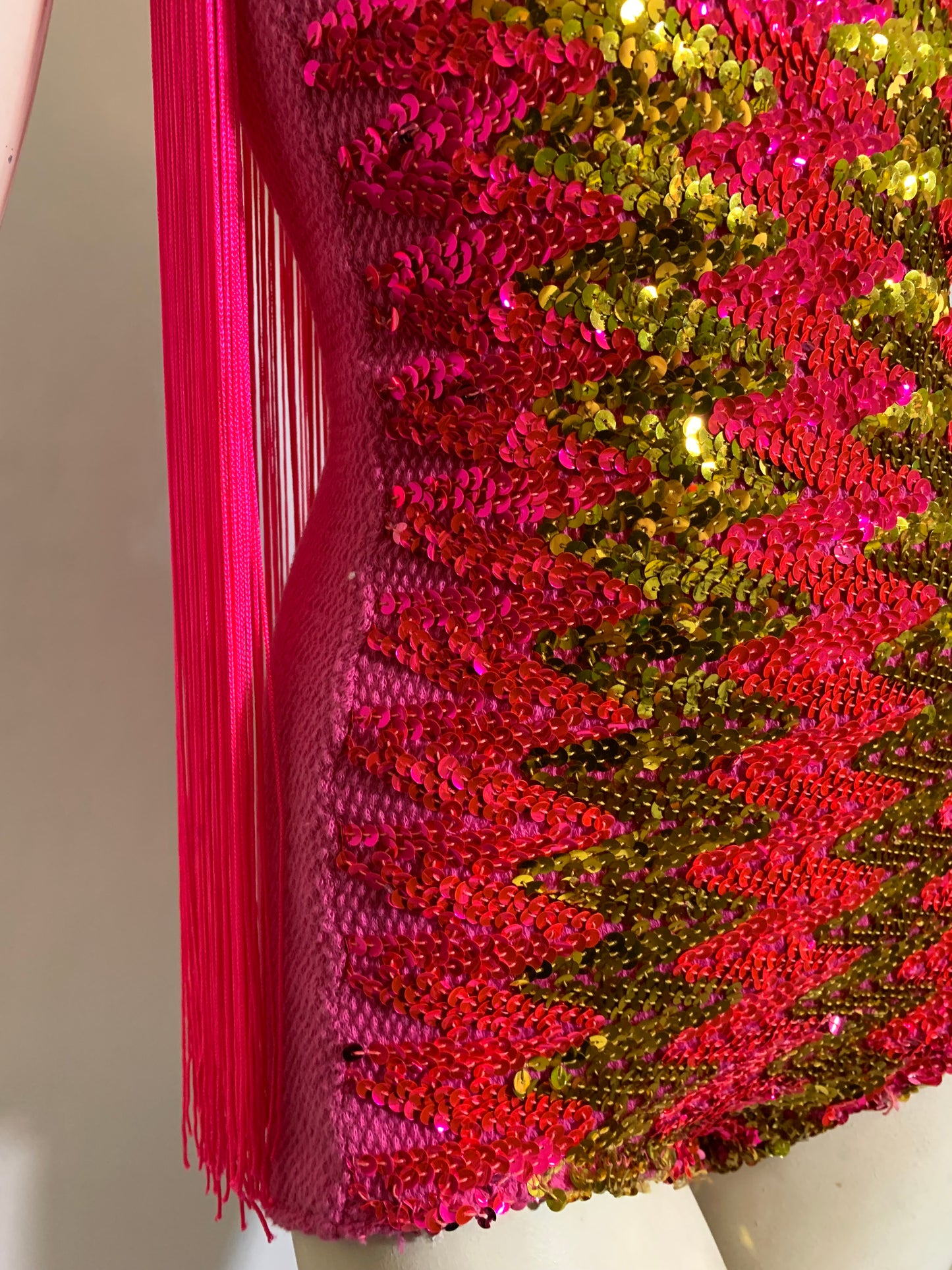 Electric Pink and Gold Sequined Show Costume with Pink Fringed Back circa 1960s