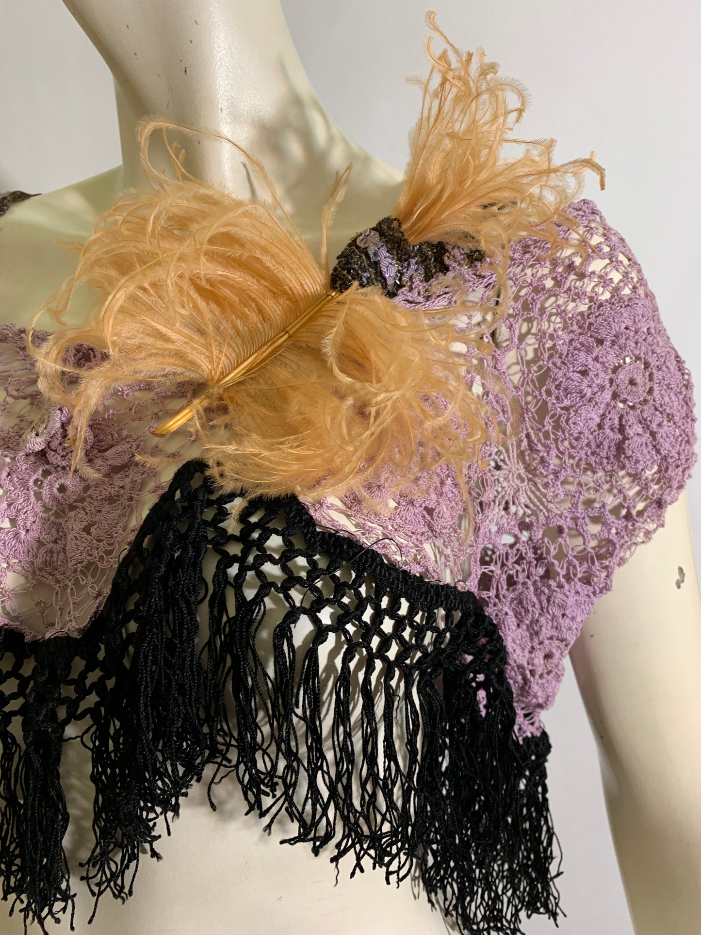 French Lavender Antique Lace Top Reimagined Black Victorian Fringed Metallic Ribbon and Feather