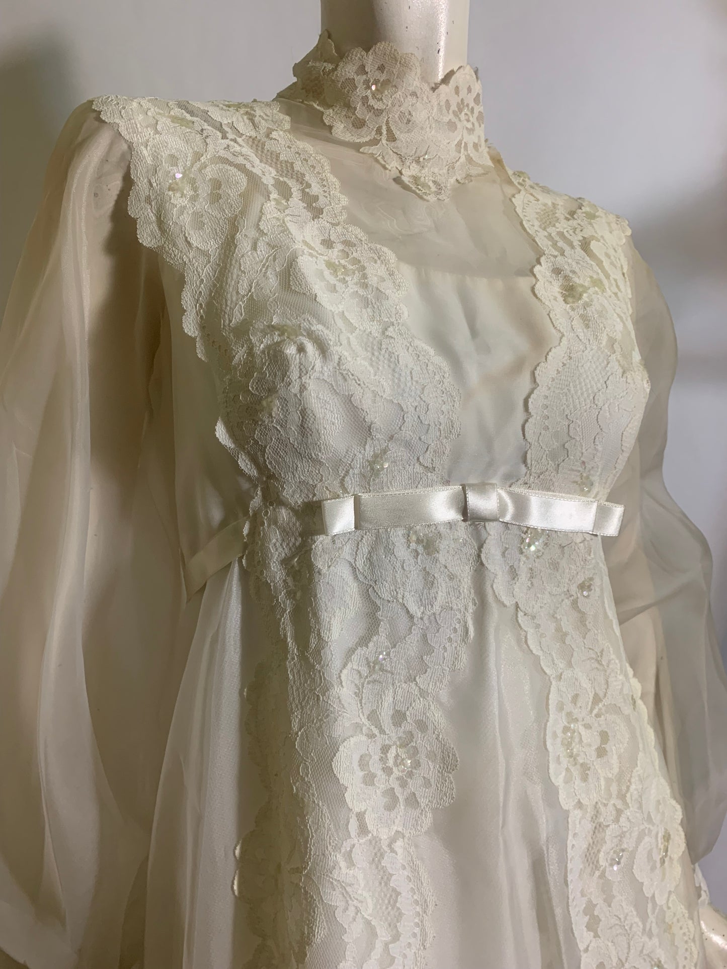 Regency Inspired Empire Waist Lace Trimmed Wedding Dress & Long Veil circa 1960s