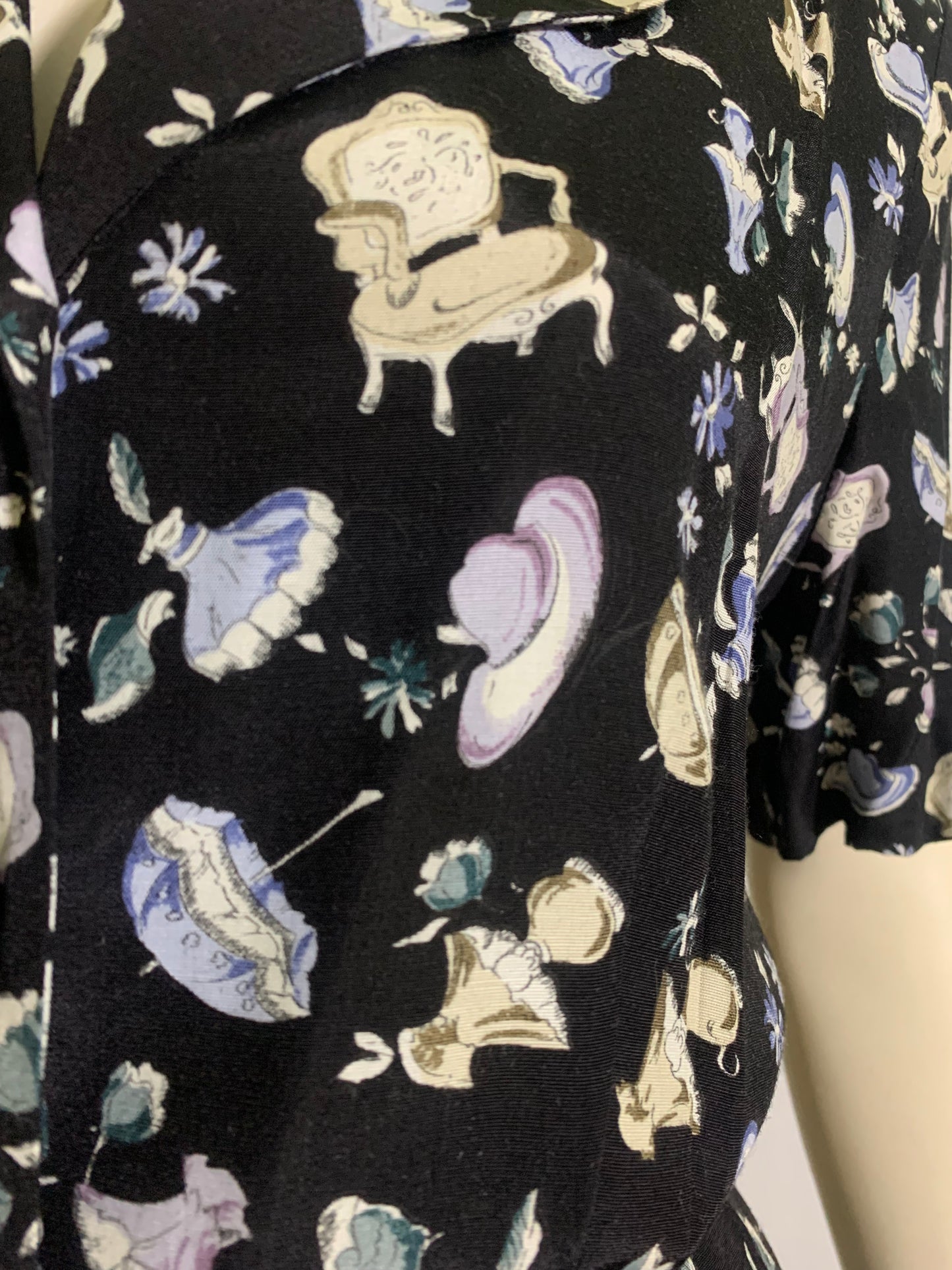 Victorian Lifestyle Novelty Print Rayon 40s Style Dress circa 1980s