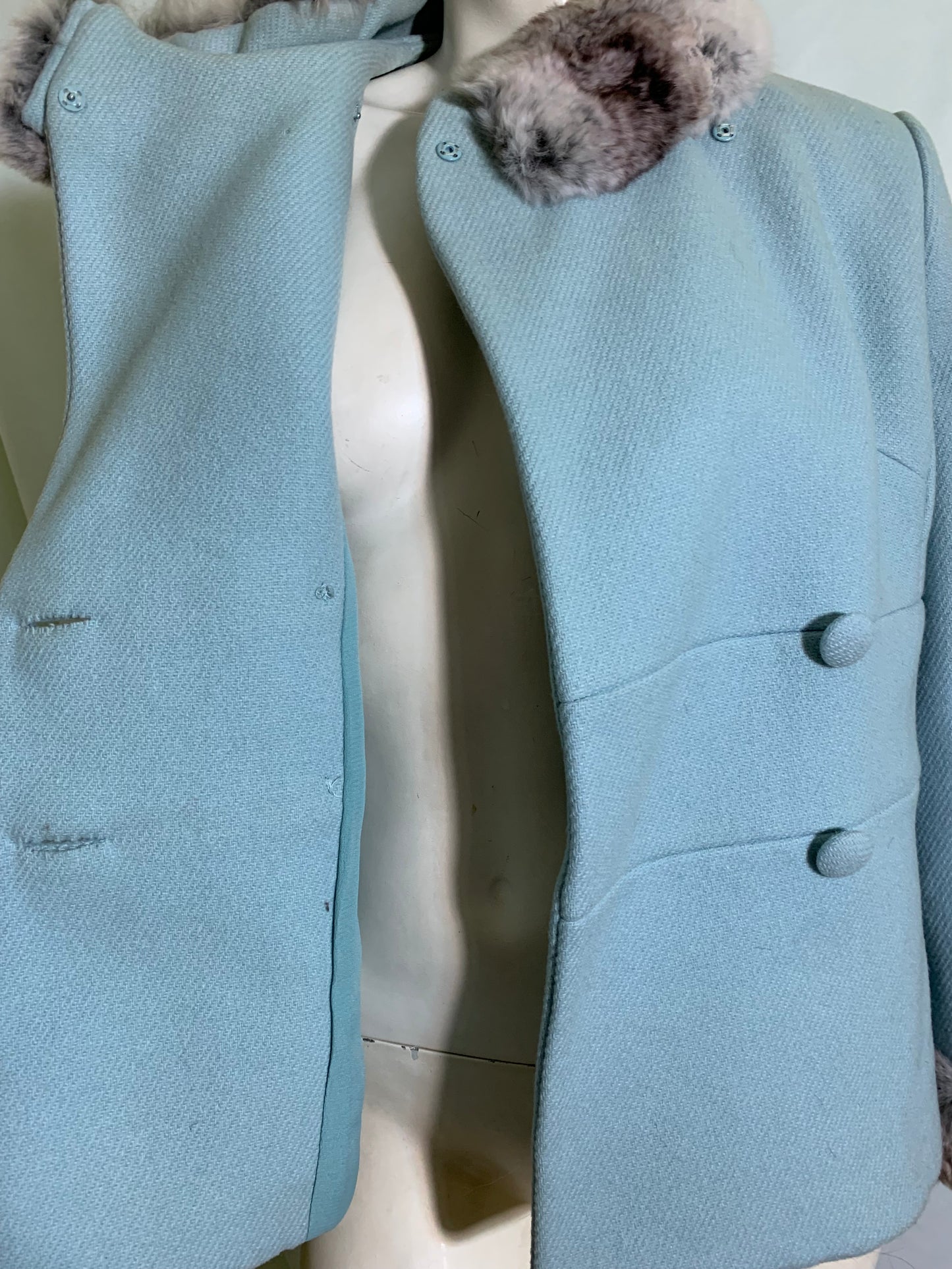 Robin's Egg Blue Wool Boxy Cut Jacket Chinchilla Fur Collar and Cuffs circa 1960s
