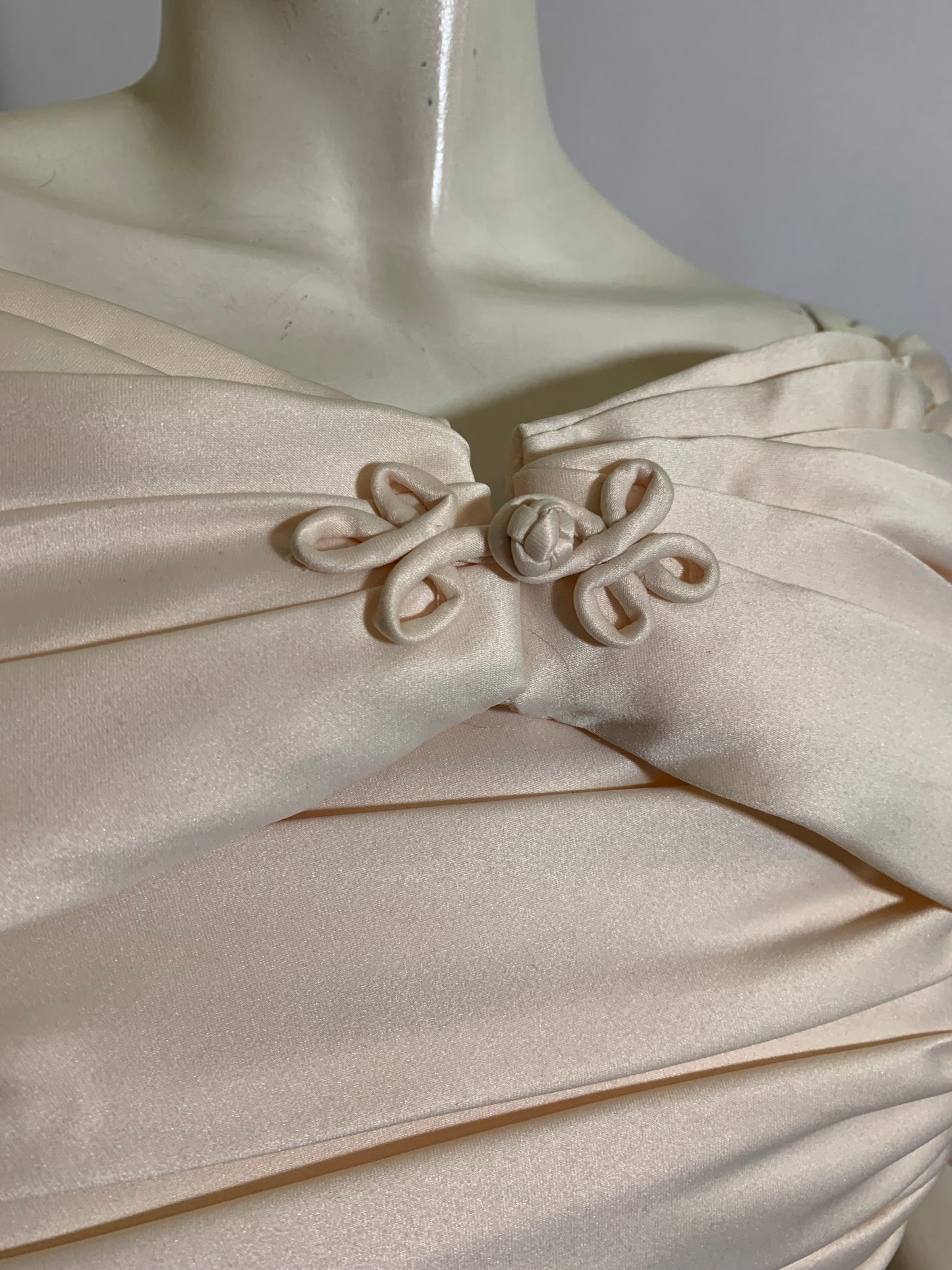 Pale Champagne Strapless Evening Gown with Ruched Shoulder Wrap circa 1980s