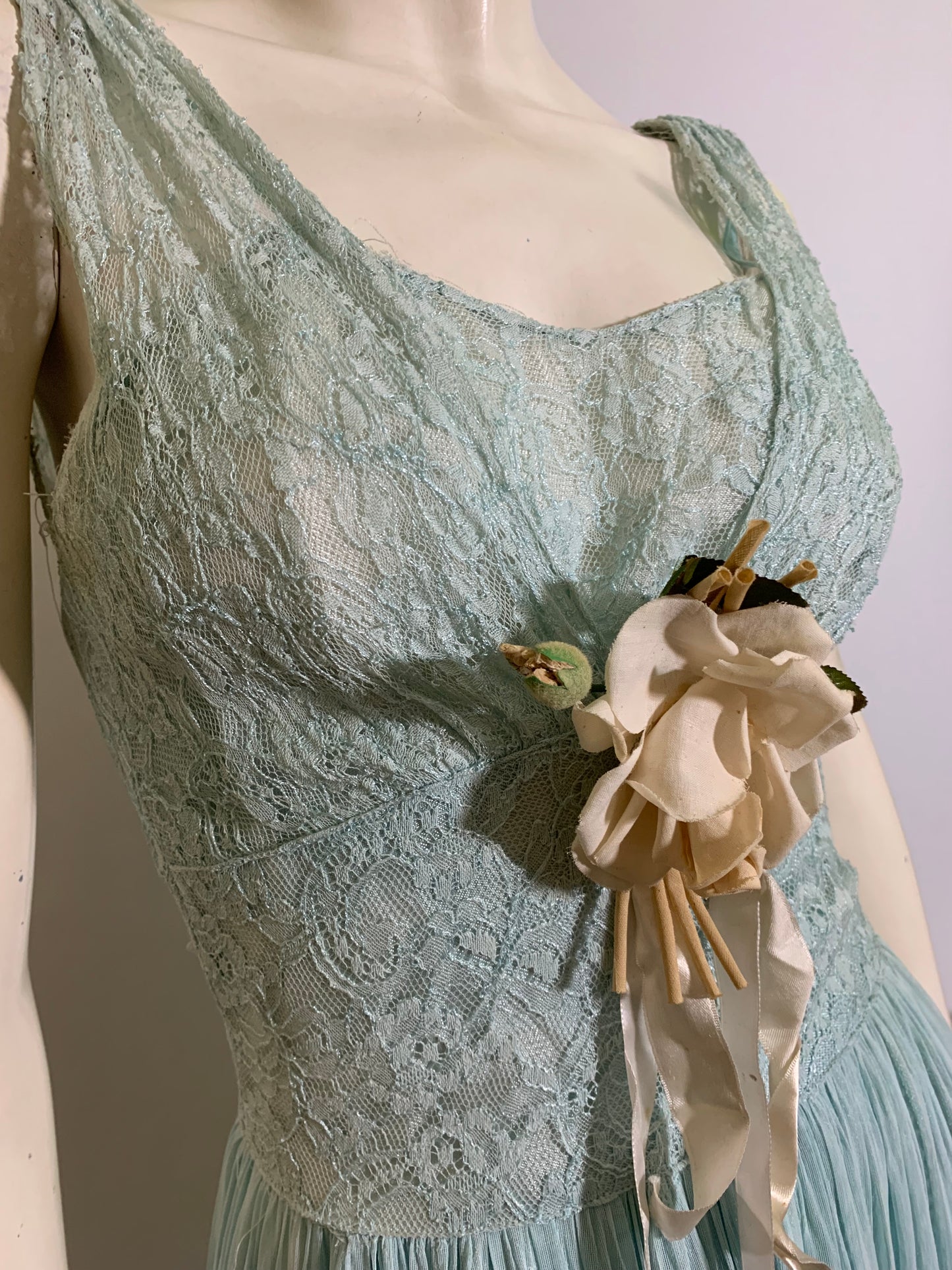 Sky Blue Lingerie Inspired Evening Gown with Roses circa 1940s