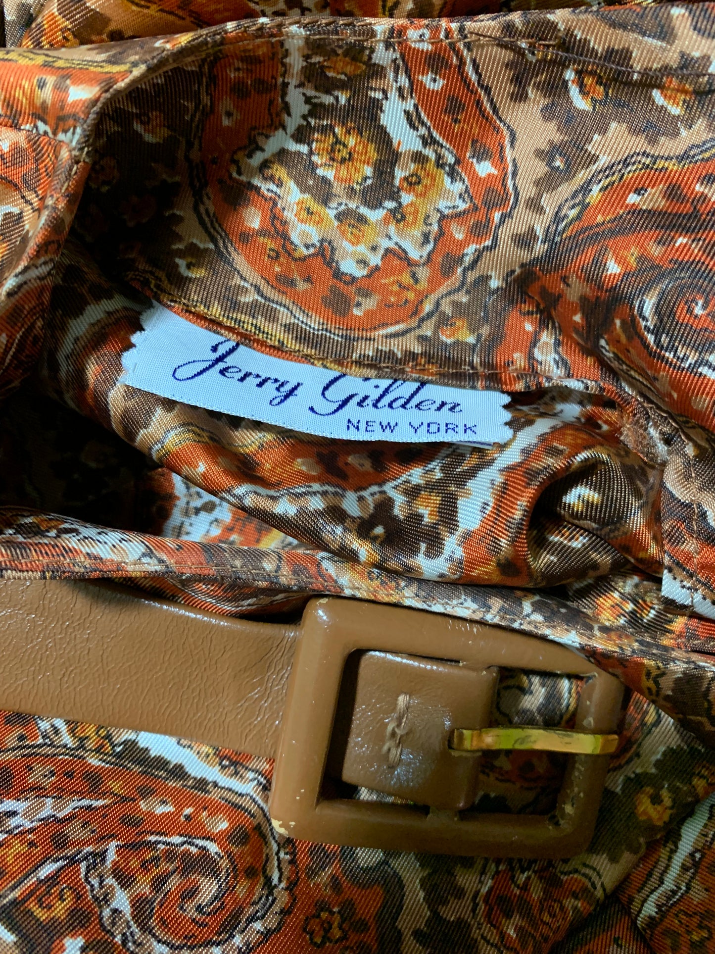 Acorn Brown & Orange Paisley Print Button Back Dress circa 1960s